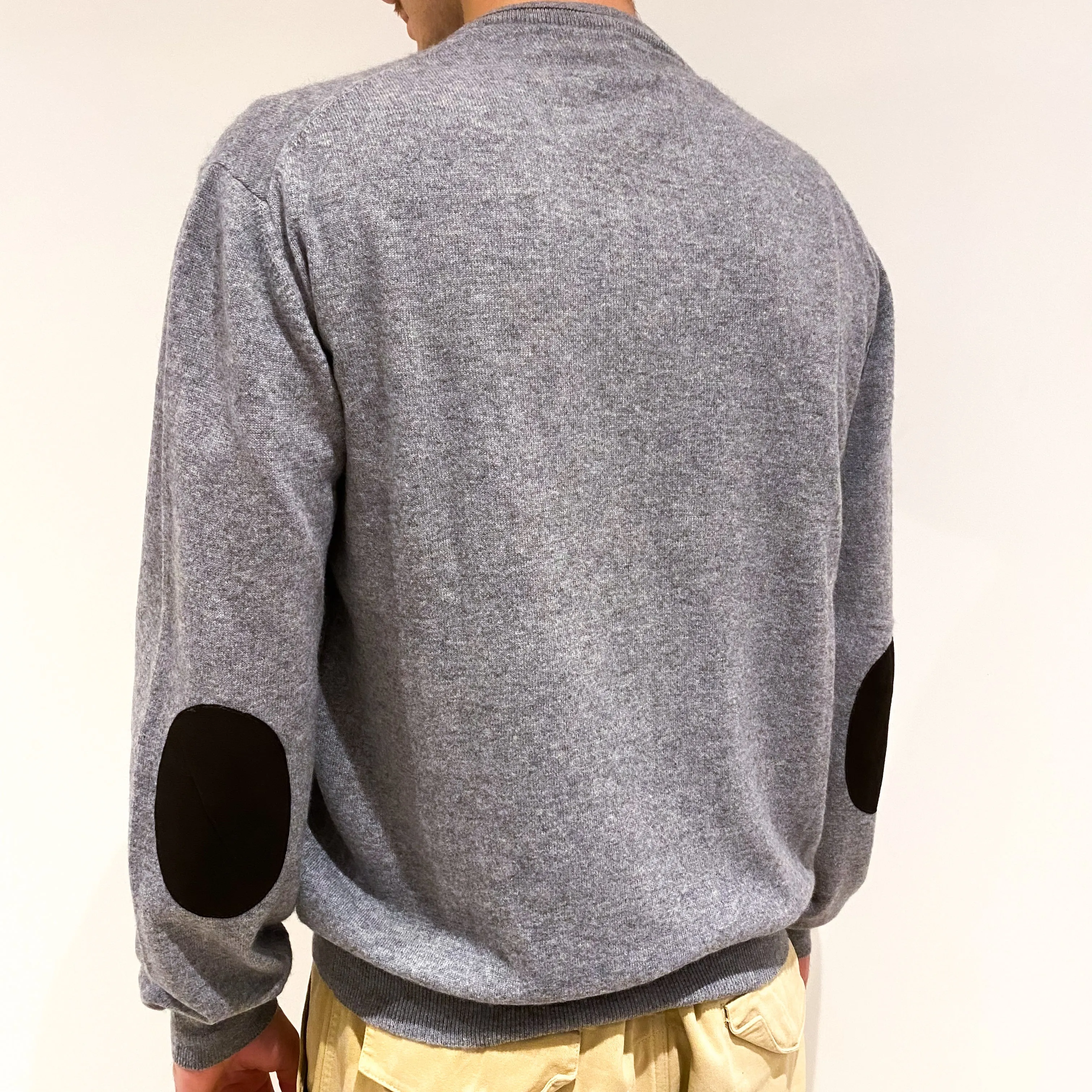 Men's Ash Grey Elbow Patch Cashmere V-Neck Jumper Large
