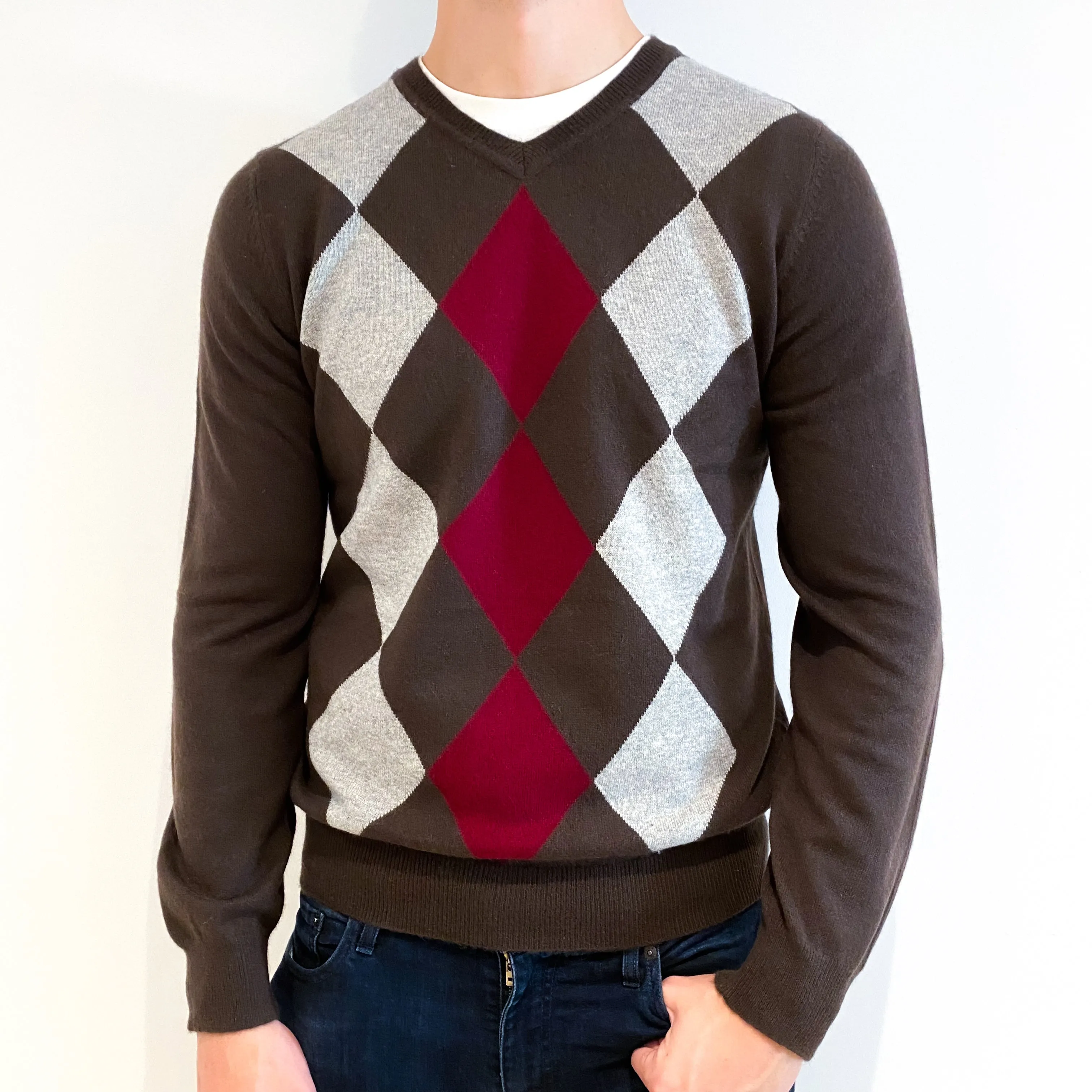 Men's Chocolate Brown Diamond Cashmere V-Neck Jumper Extra Large