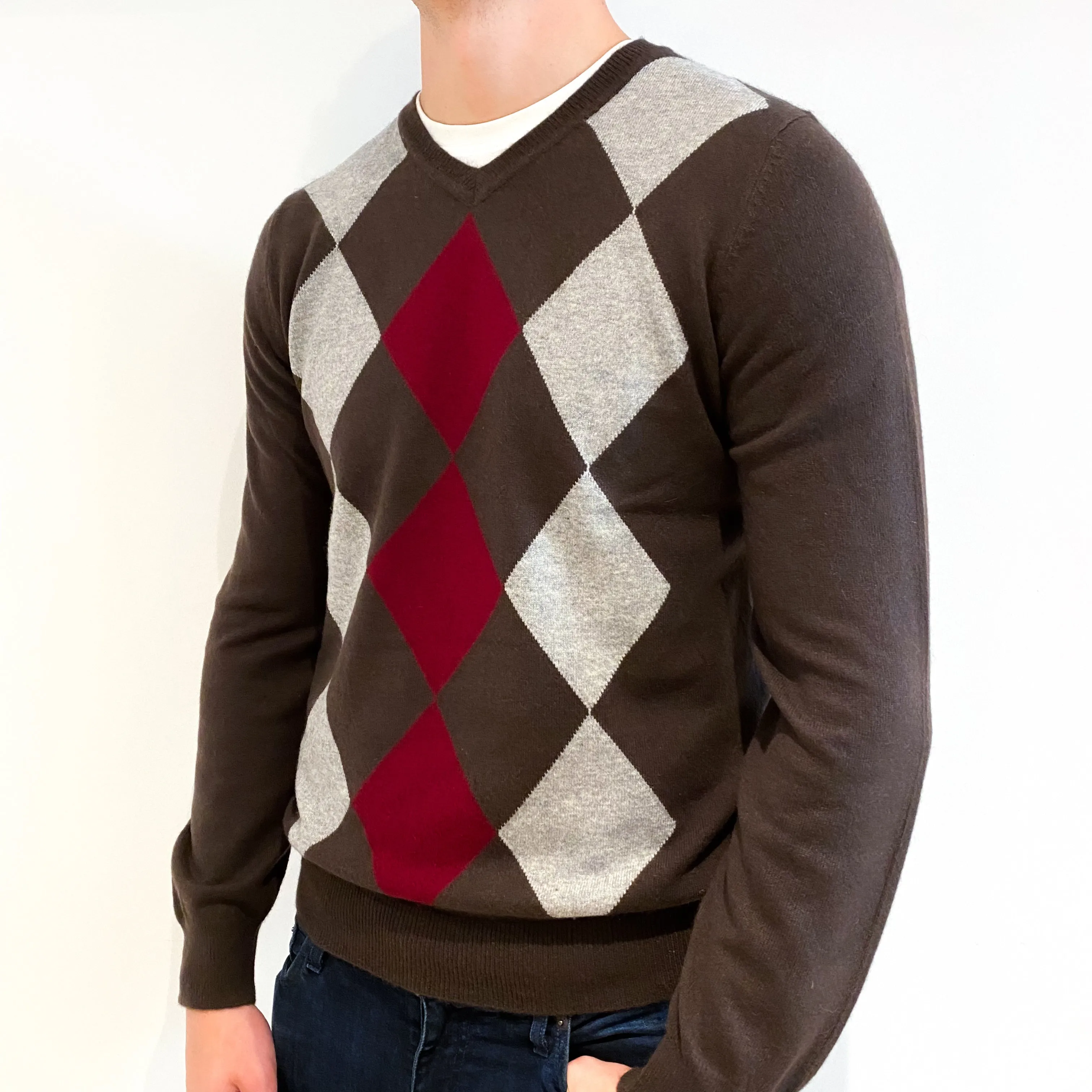 Men's Chocolate Brown Diamond Cashmere V-Neck Jumper Extra Large