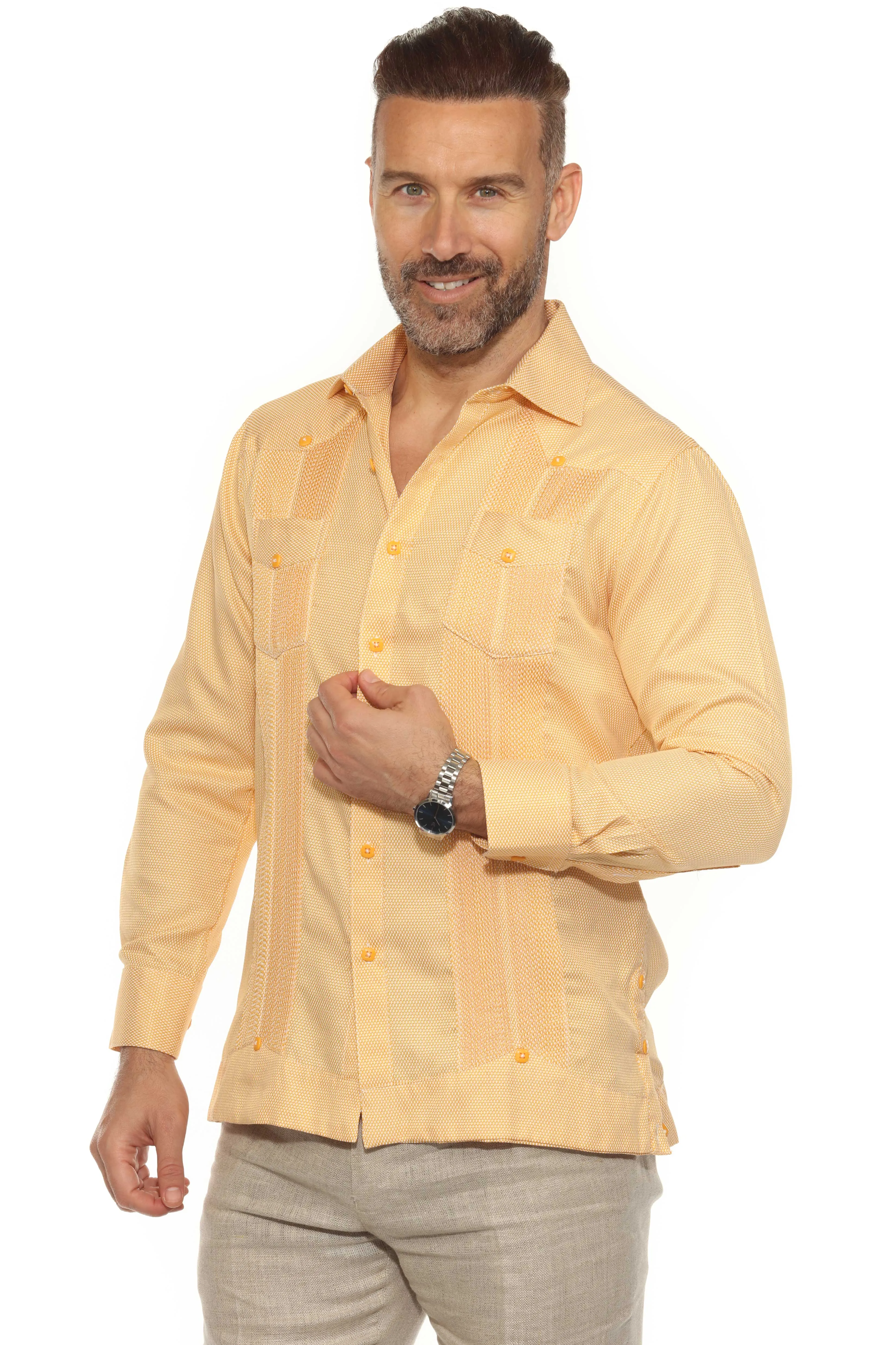 Men's Cotton Blend Guayabera Chacabana Shirt Long Sleeve in Micro Textured Print