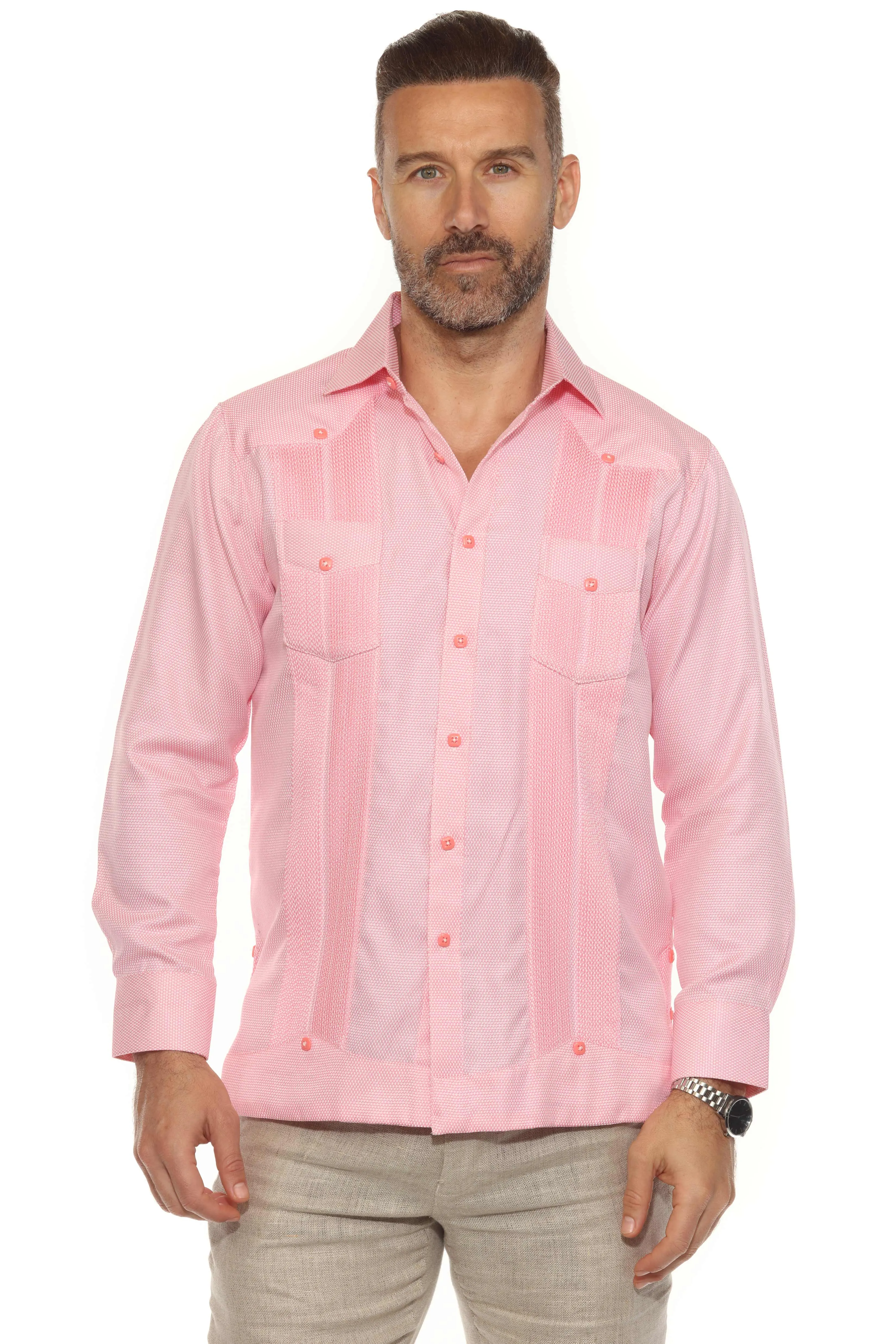 Men's Cotton Blend Guayabera Chacabana Shirt Long Sleeve in Micro Textured Print