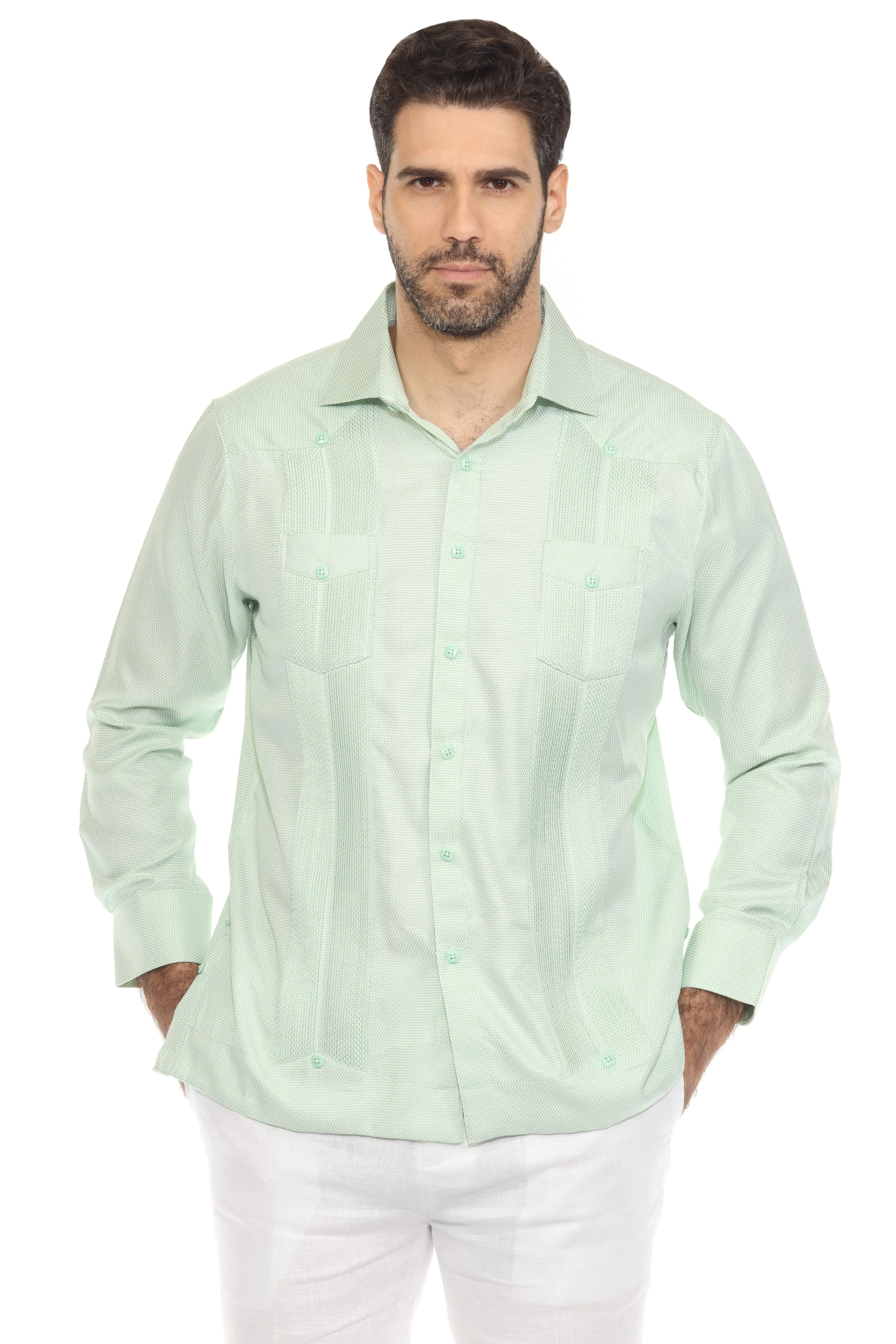 Men's Cotton Blend Guayabera Chacabana Shirt Long Sleeve in Micro Textured Print