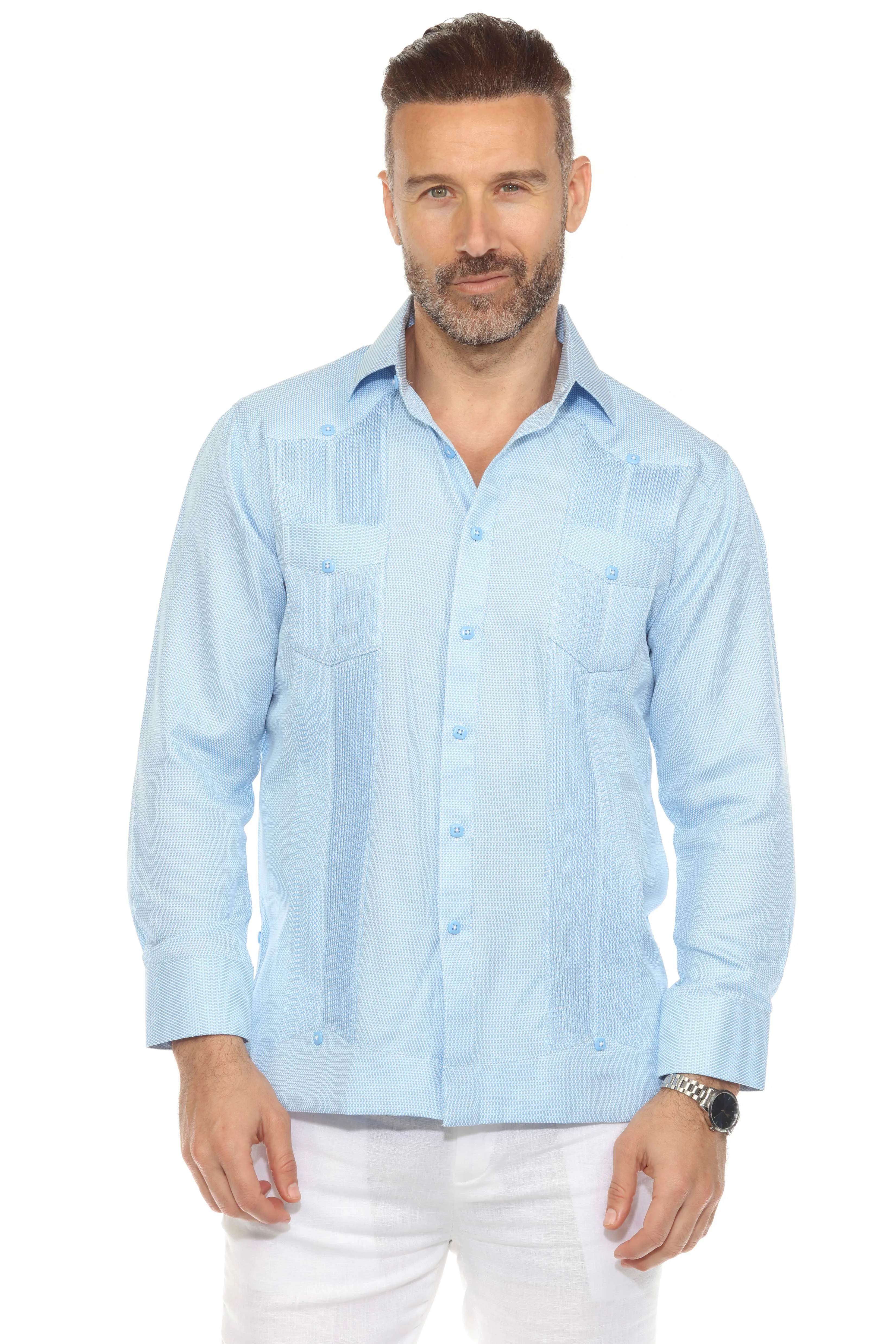 Men's Cotton Blend Guayabera Chacabana Shirt Long Sleeve in Micro Textured Print