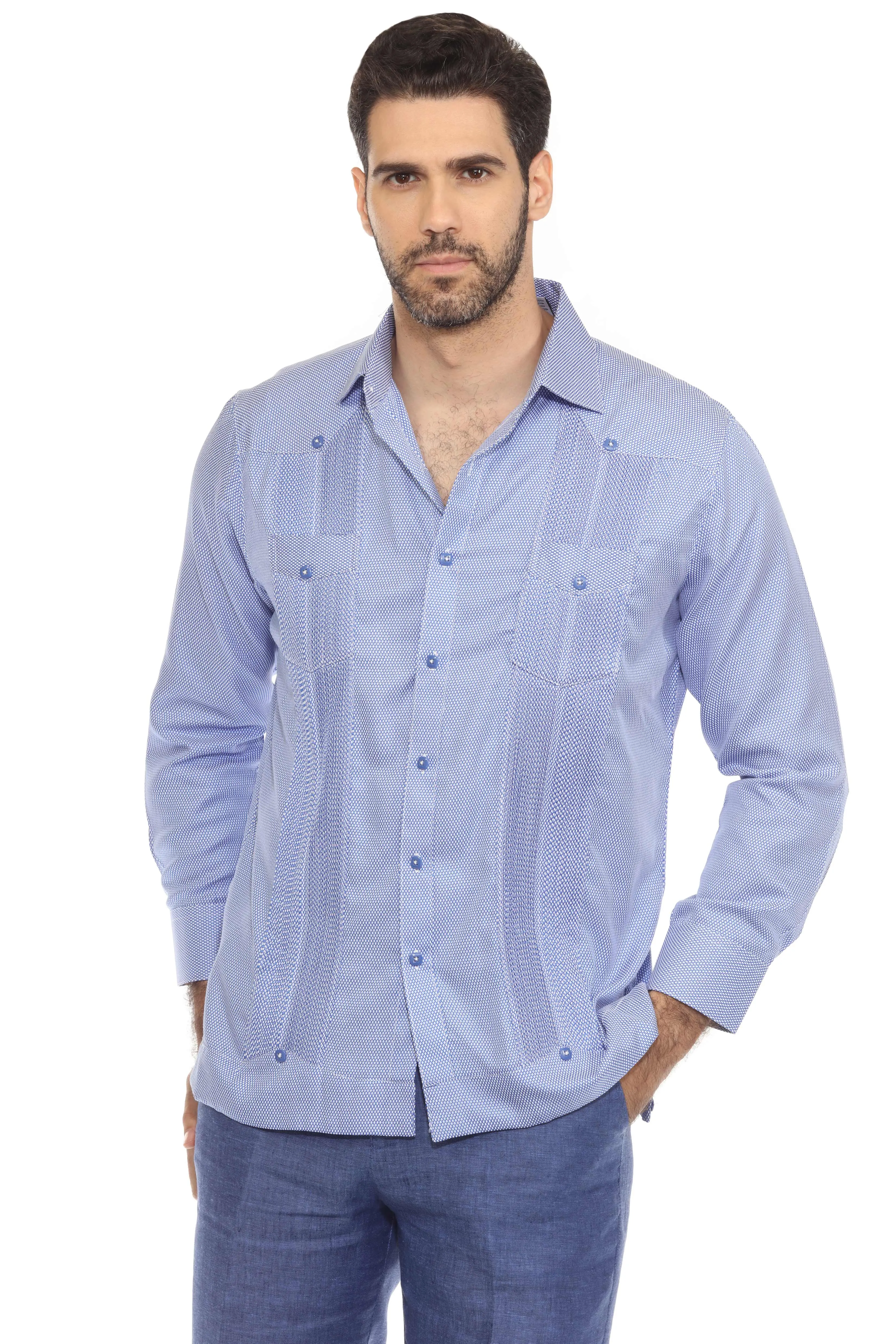 Men's Cotton Blend Guayabera Chacabana Shirt Long Sleeve in Micro Textured Print