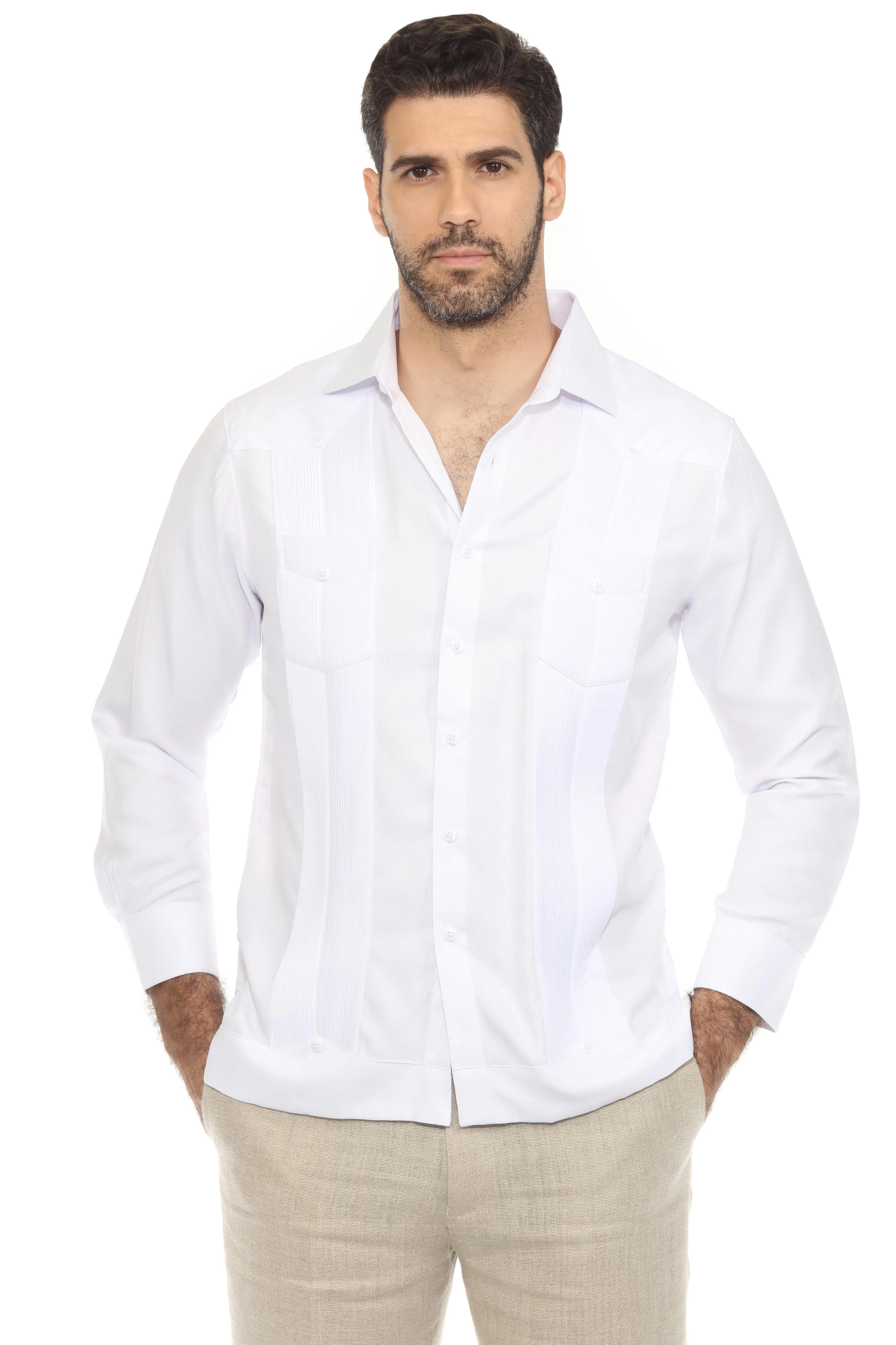Men's Cotton Blend Guayabera Chacabana Shirt Long Sleeve in Micro Textured Print