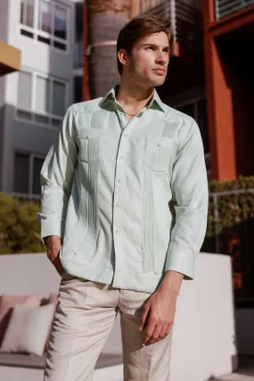 Men's Cotton Blend Guayabera Chacabana Shirt Long Sleeve in Micro Textured Print