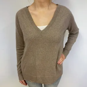 Mink Brown Slouchy Cashmere V-Neck Jumper Small
