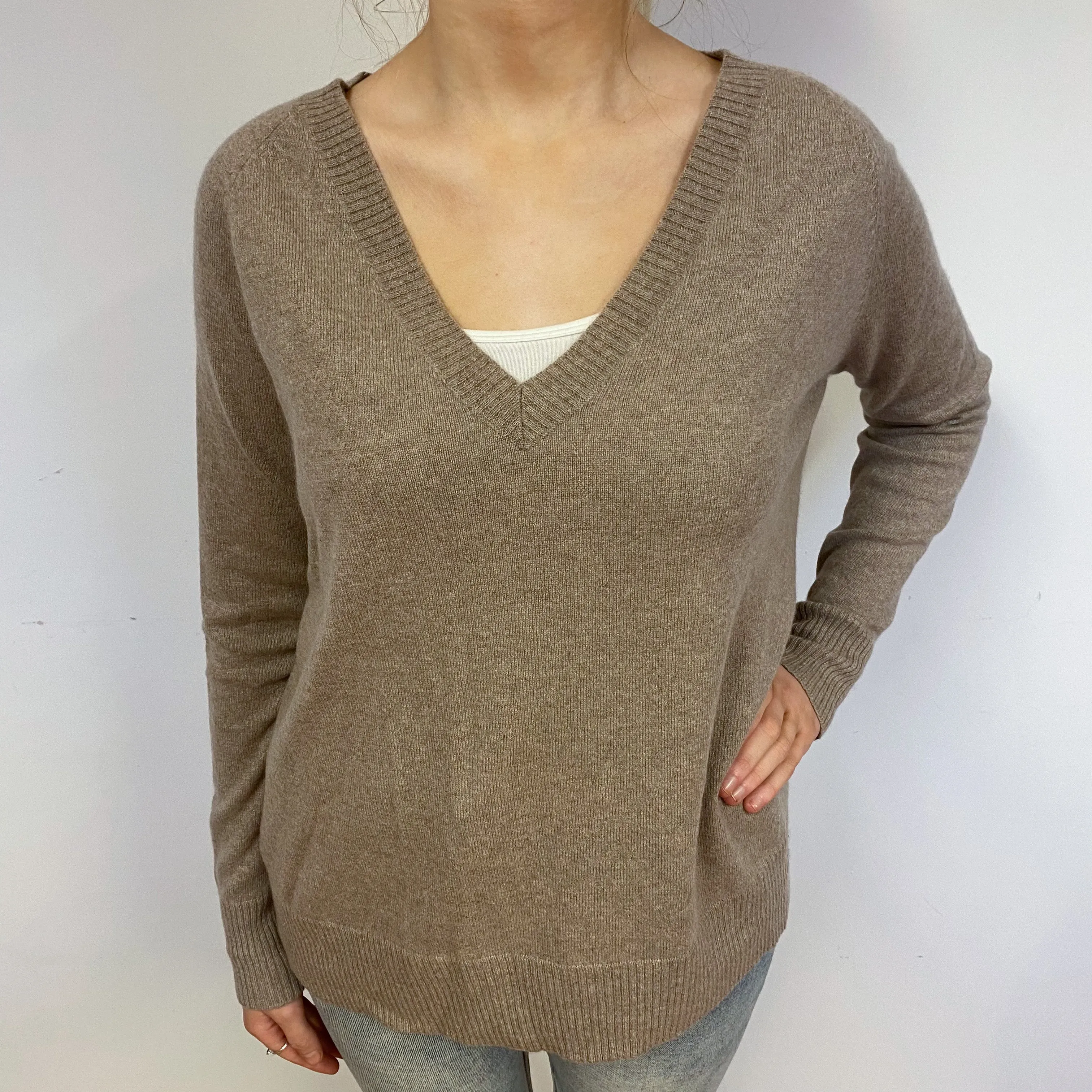 Mink Brown Slouchy Cashmere V-Neck Jumper Small