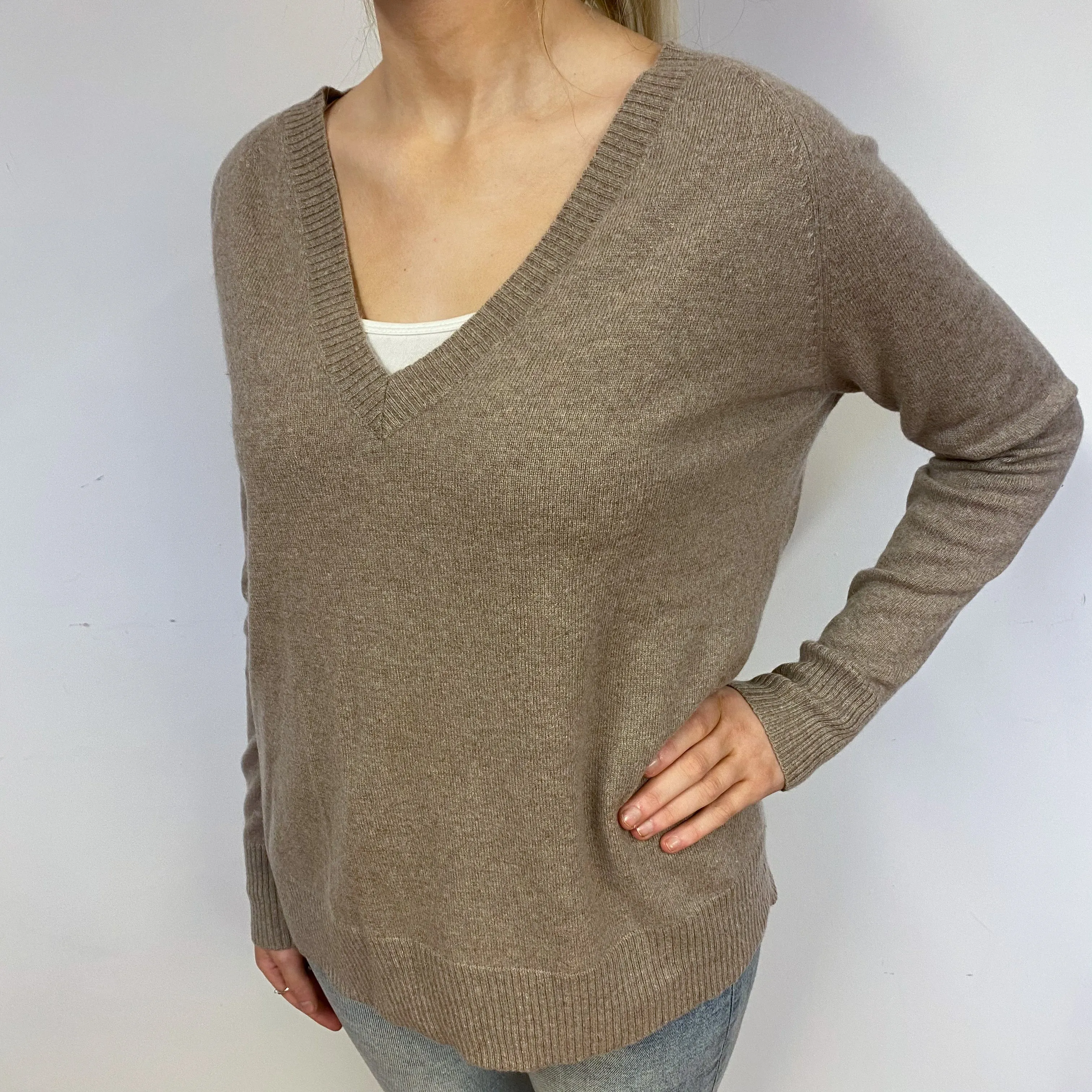 Mink Brown Slouchy Cashmere V-Neck Jumper Small