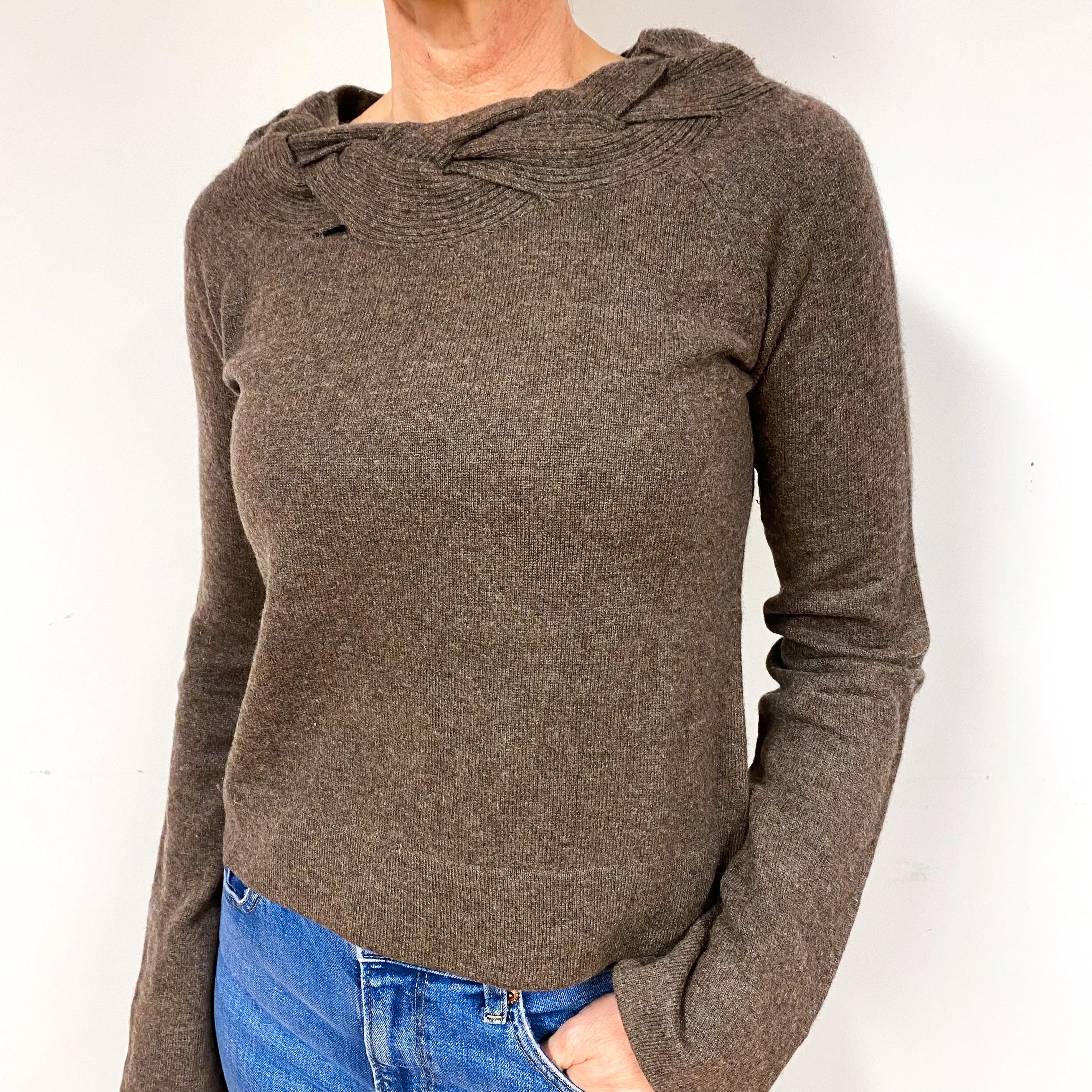 Mocha Brown Cashmere Plaited Crew Neck Jumper Medium