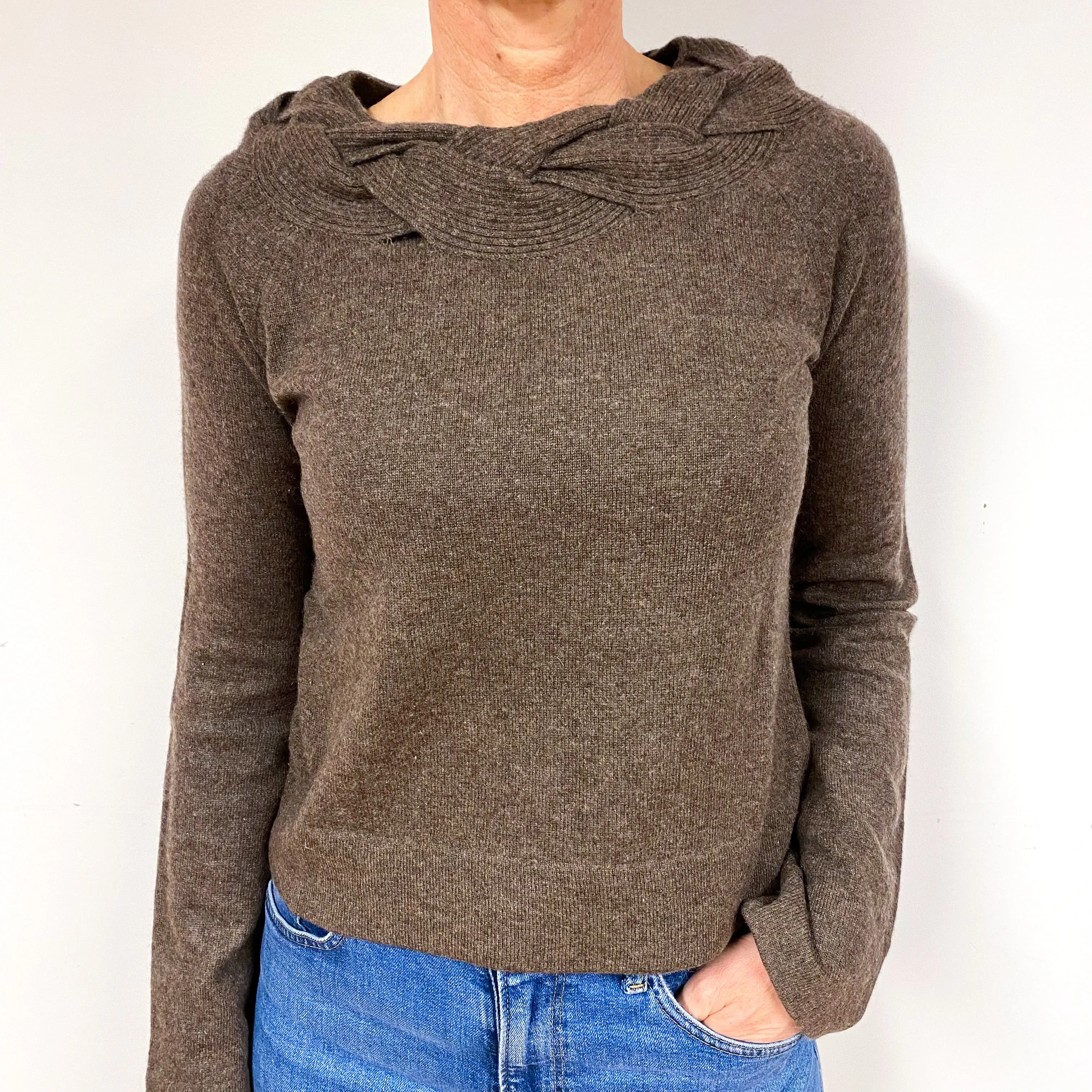 Mocha Brown Cashmere Plaited Crew Neck Jumper Medium