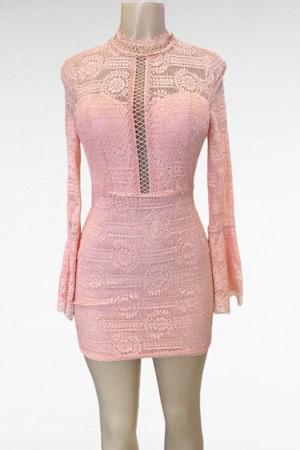 Mockneck Lace Dress W/ Flounce Long Sleeves