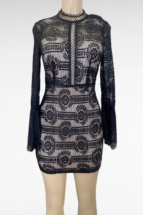 Mockneck Lace Dress W/ Flounce Long Sleeves
