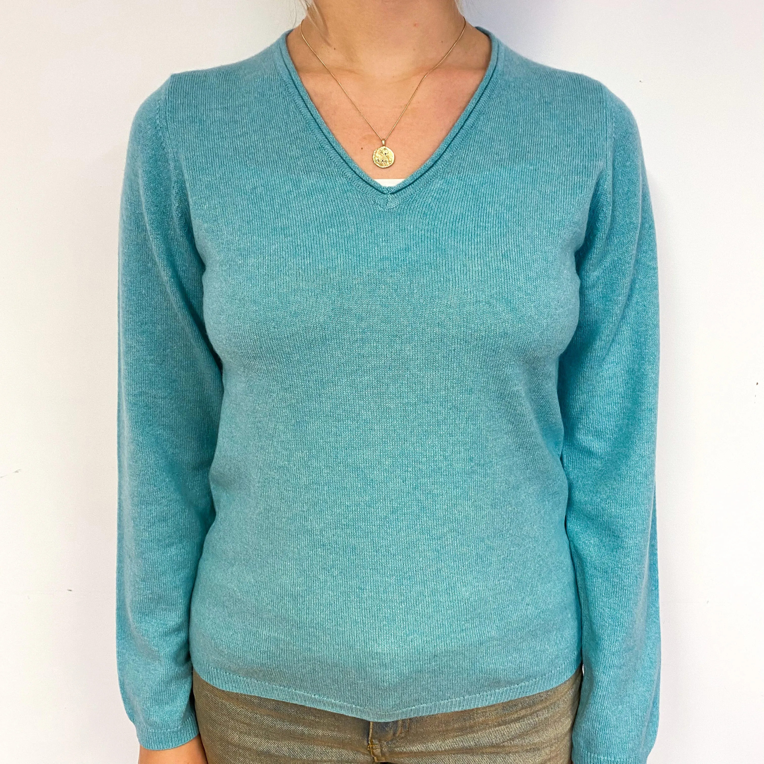 New Aqua Green Cashmere V-Neck Jumper Small