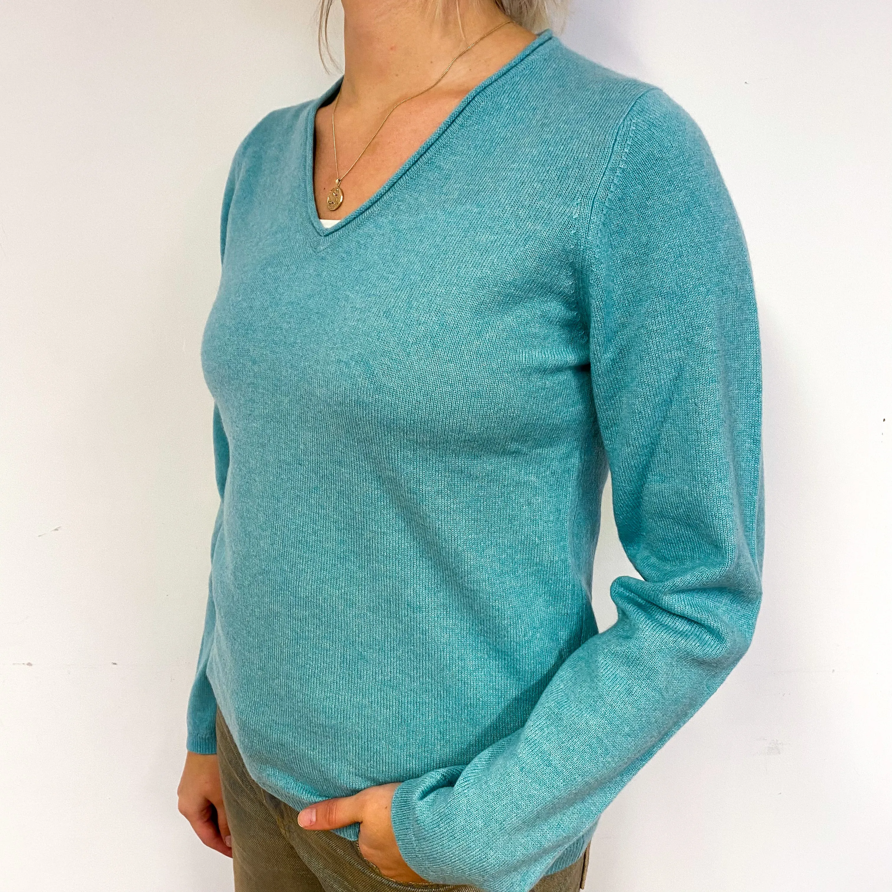 New Aqua Green Cashmere V-Neck Jumper Small