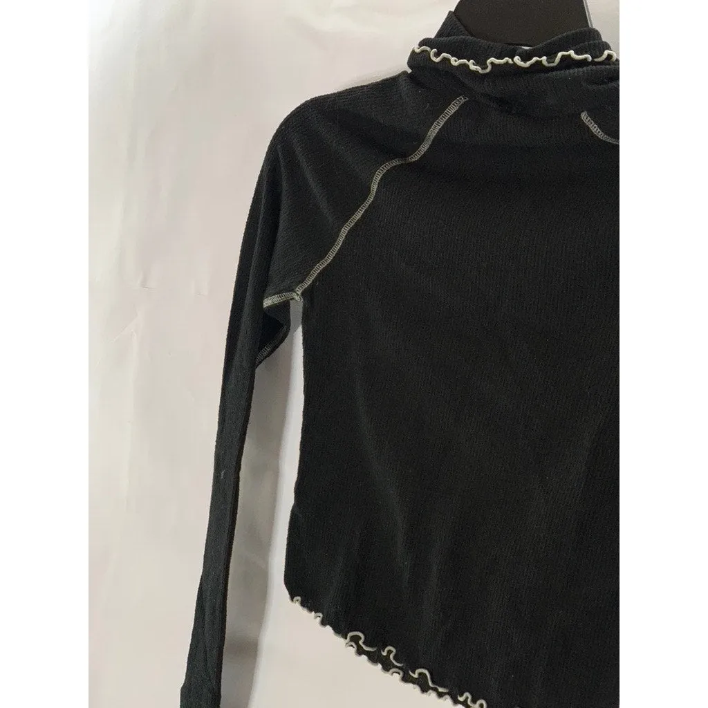 OUT FROM UNDER Women's Black/Beige Lettuce-Trim Waffle Knit Mock-Neck Top SZ S