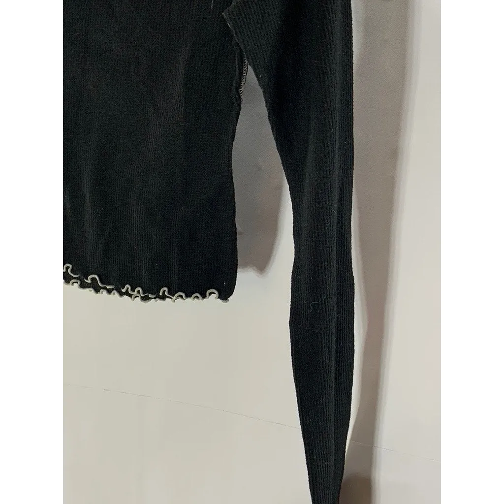 OUT FROM UNDER Women's Black/Beige Lettuce-Trim Waffle Knit Mock-Neck Top SZ S