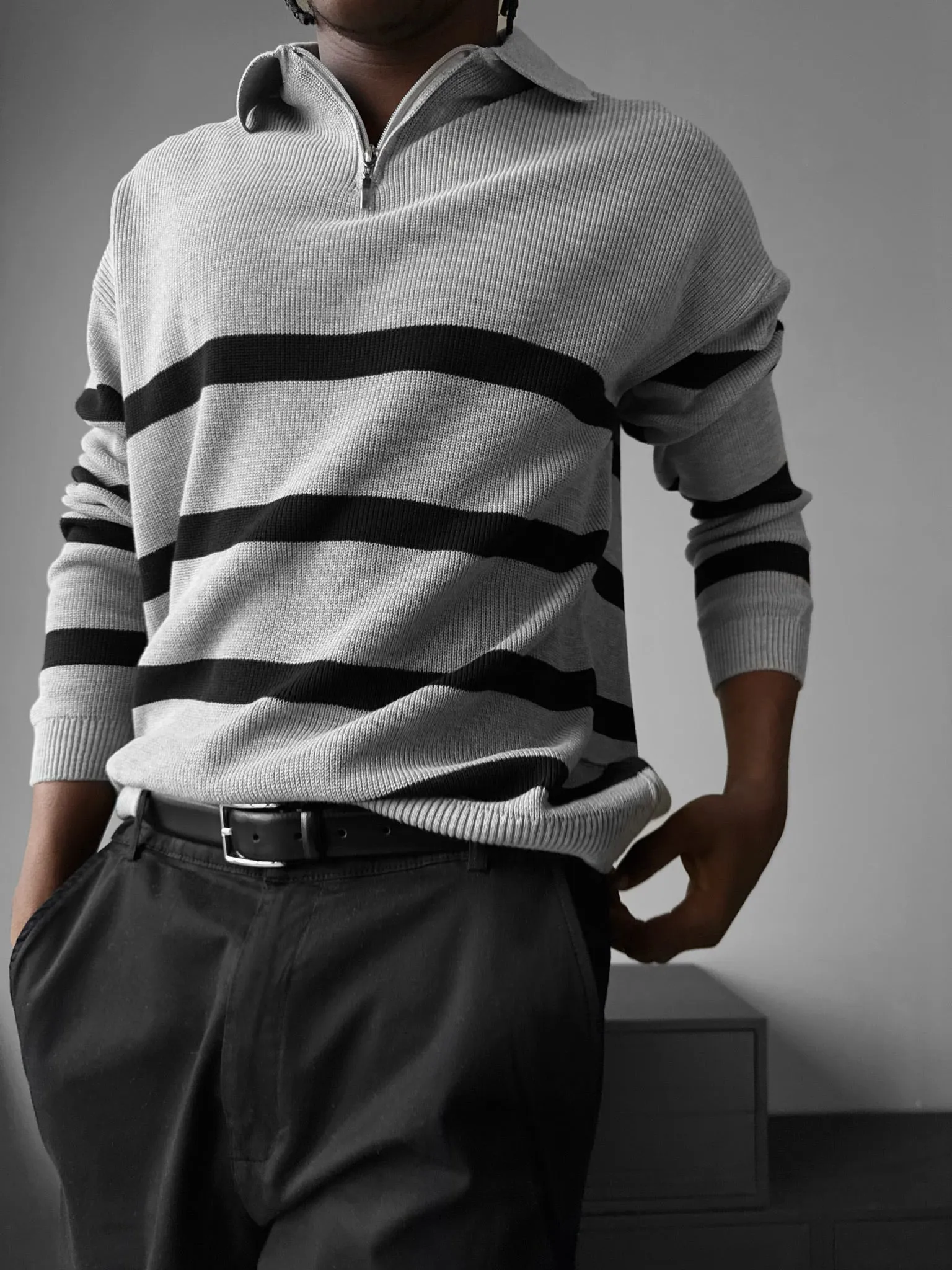 Oversize Knit Crop Polo Sweater - Grey
