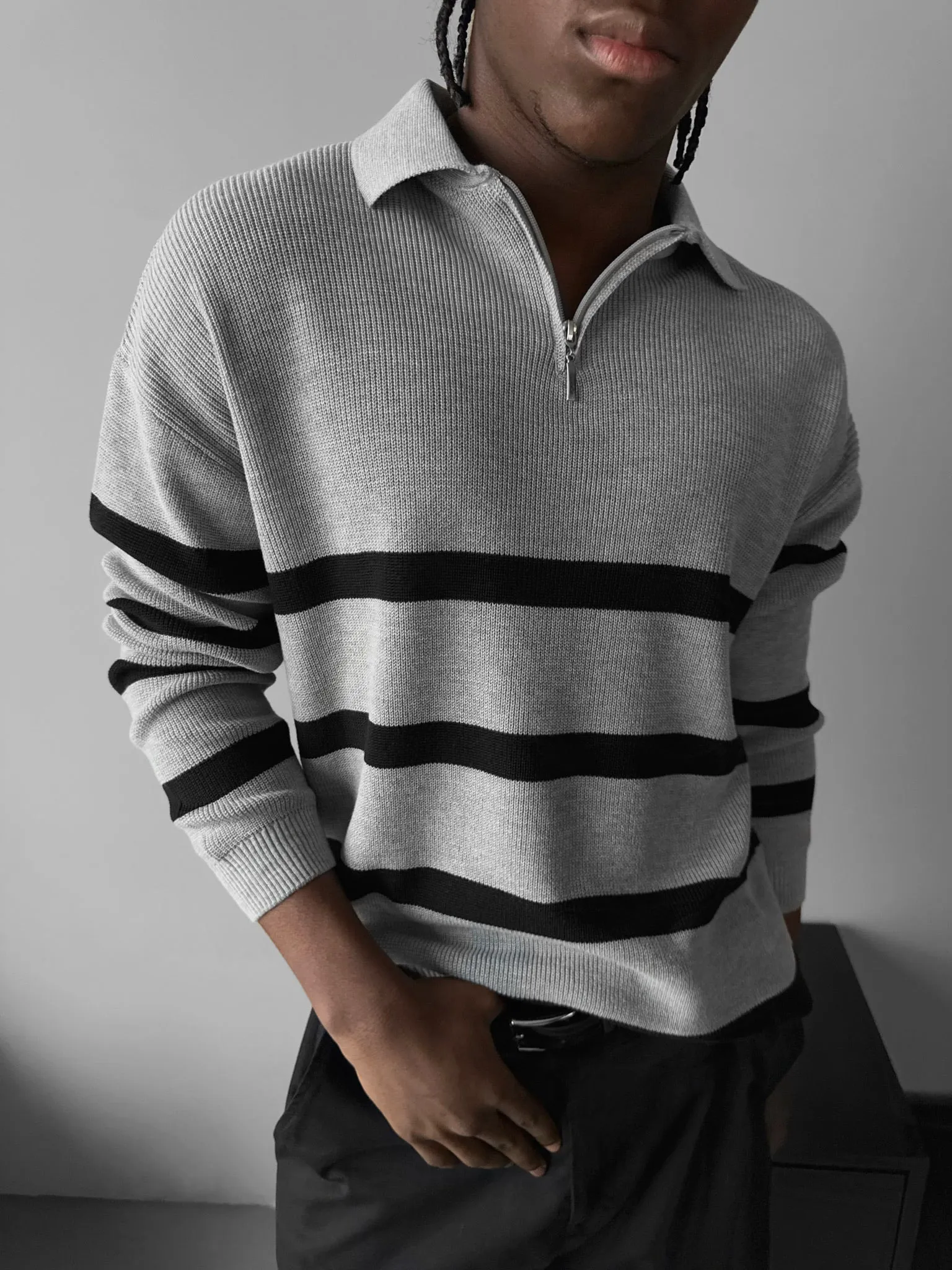 Oversize Knit Crop Polo Sweater - Grey