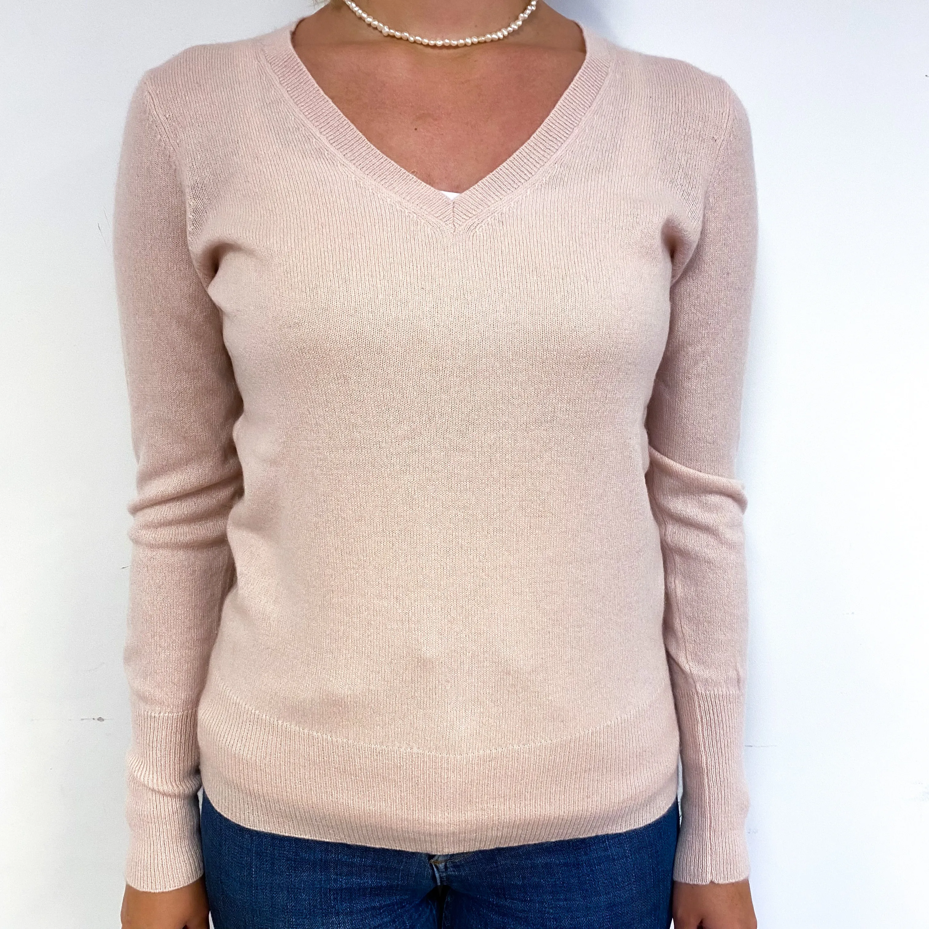 Pale Shell Pink Cashmere V-Neck Jumper Small