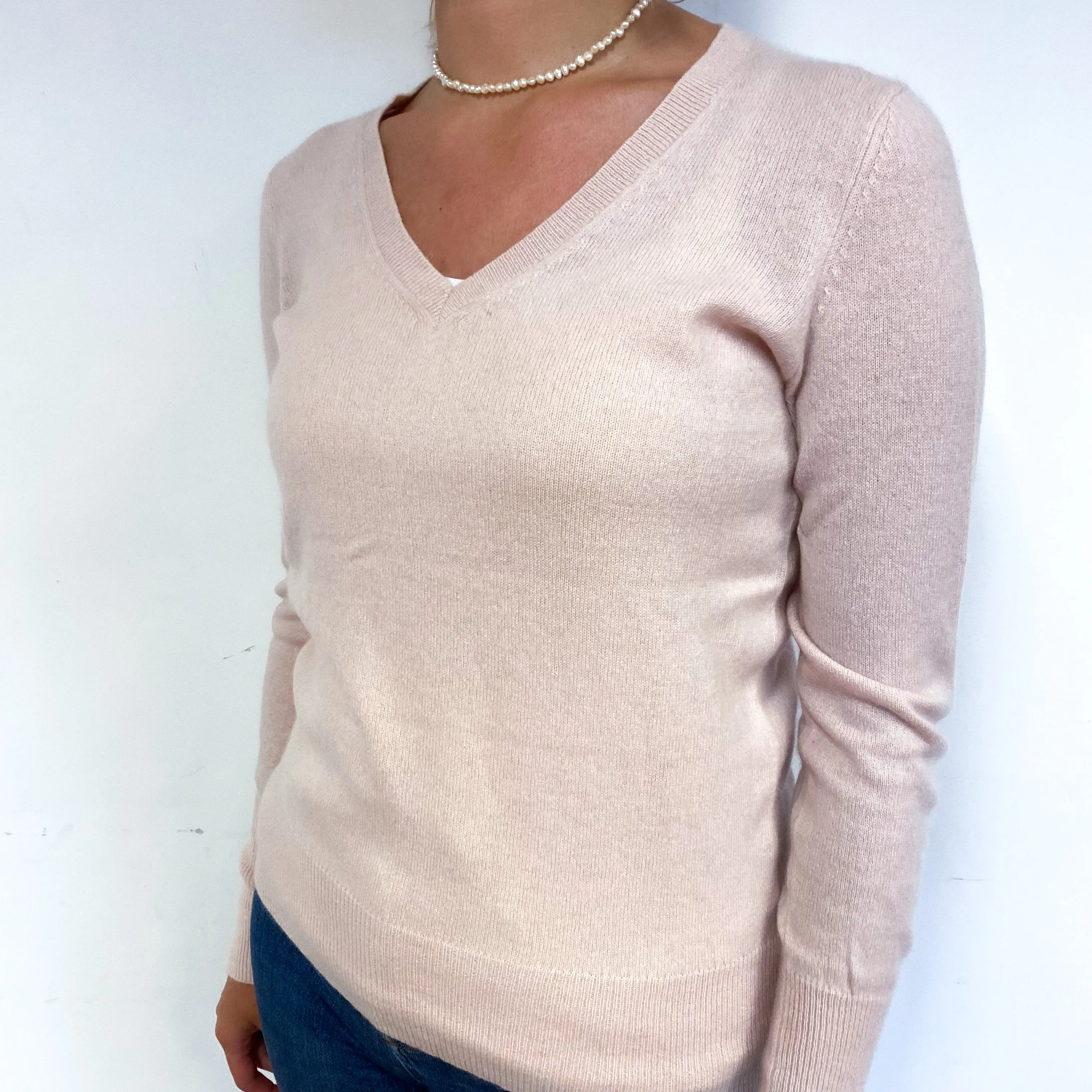 Pale Shell Pink Cashmere V-Neck Jumper Small