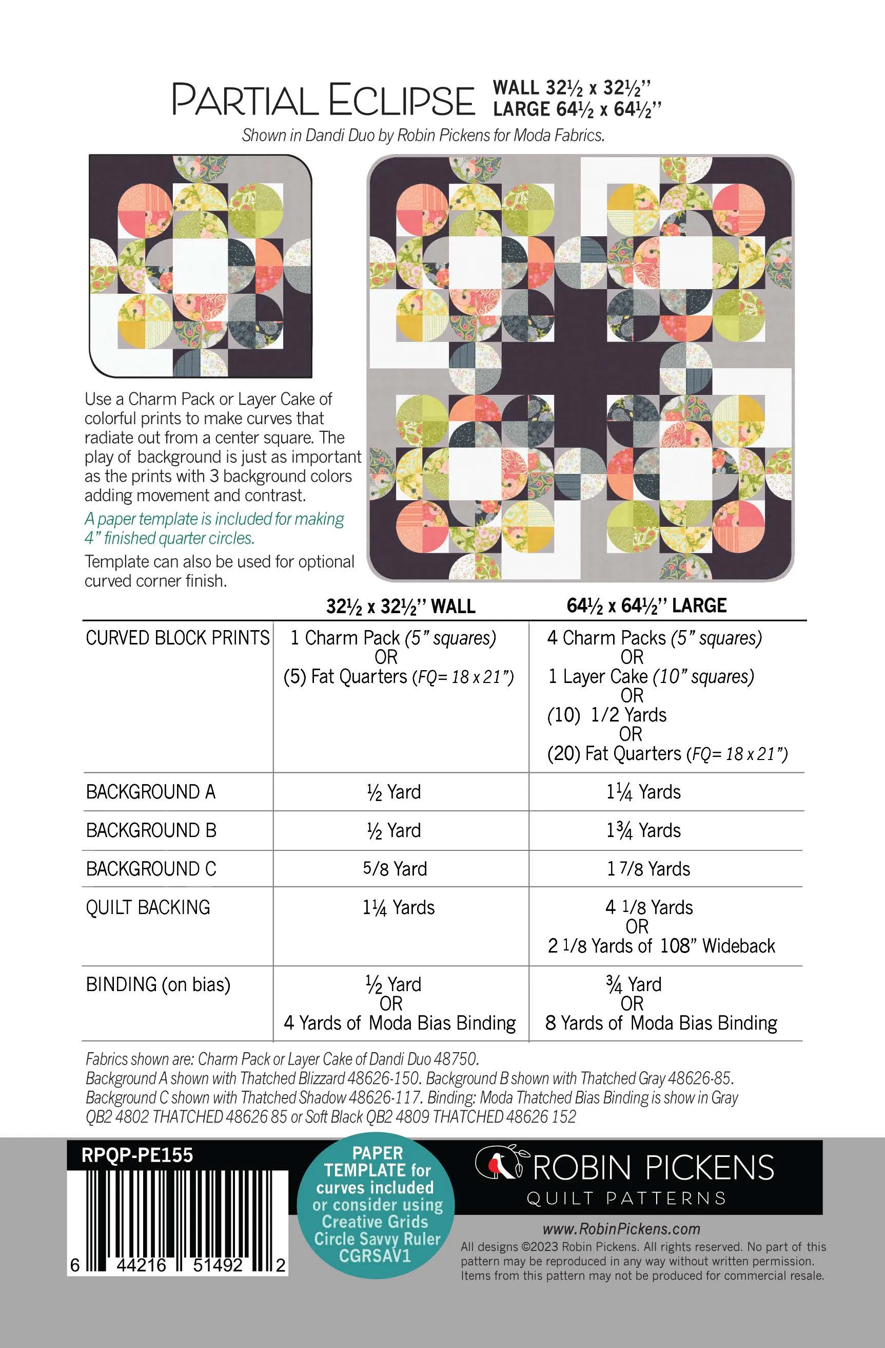 Partial Eclipse (digital pdf) quilt pattern with paper template