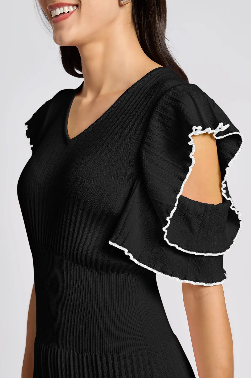 Plus Size Fit-N-Flare Ruffle Sleeve Soft Rib Knit Dress