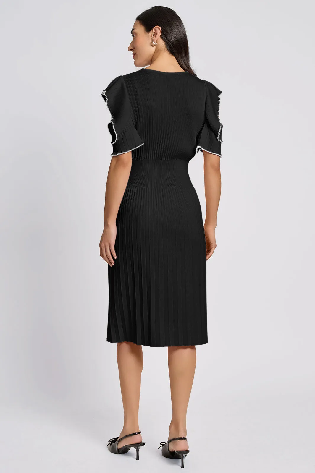 Plus Size Fit-N-Flare Ruffle Sleeve Soft Rib Knit Dress