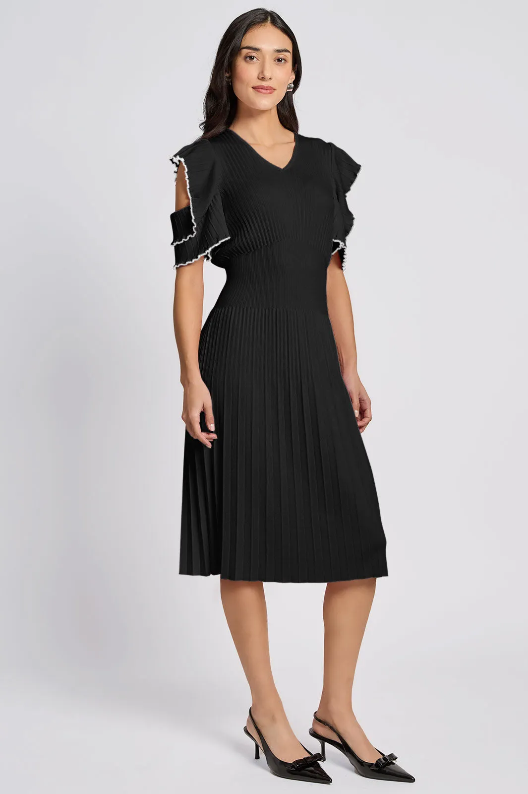 Plus Size Fit-N-Flare Ruffle Sleeve Soft Rib Knit Dress