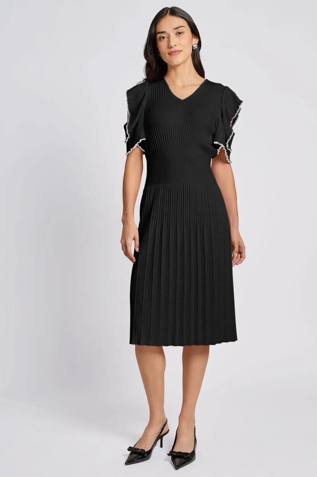 Plus Size Fit-N-Flare Ruffle Sleeve Soft Rib Knit Dress