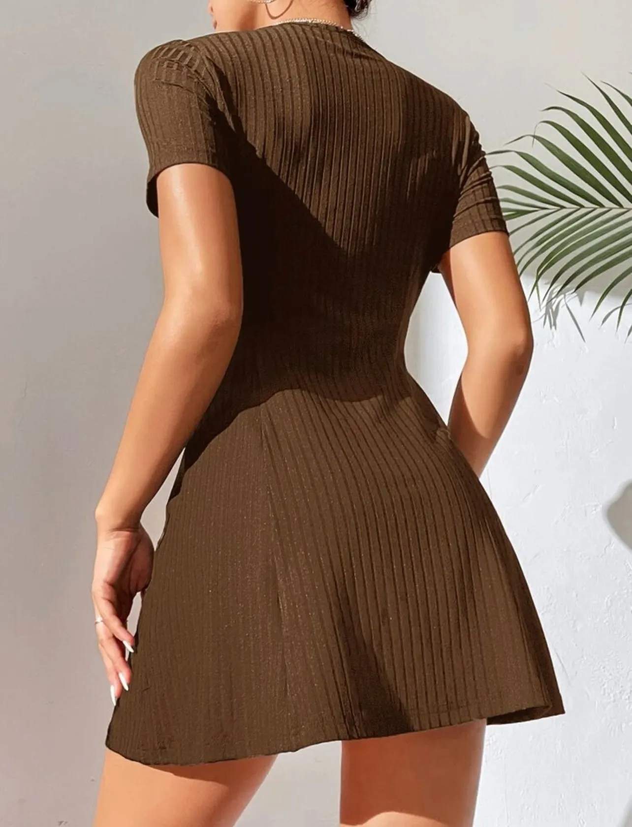 Rib-knit Fake Buttons Dress