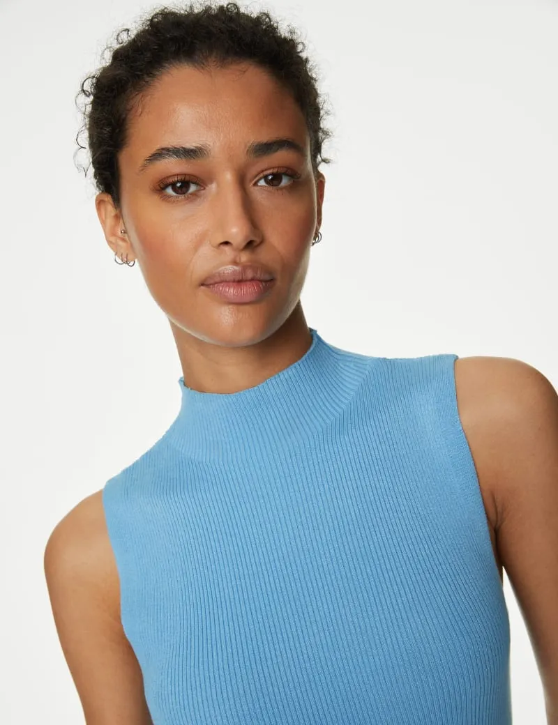 Ribbed Funnel Neck Knitted Vest