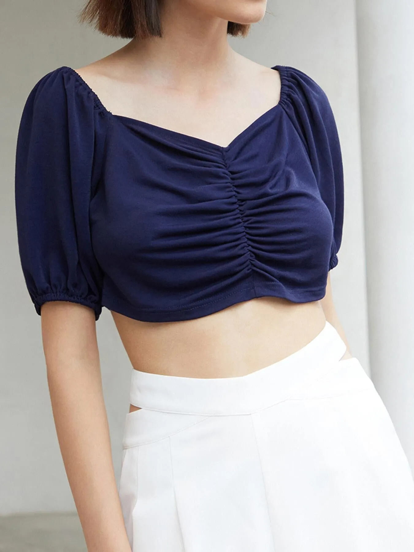 Ruched Puff Sleeve Crop Top