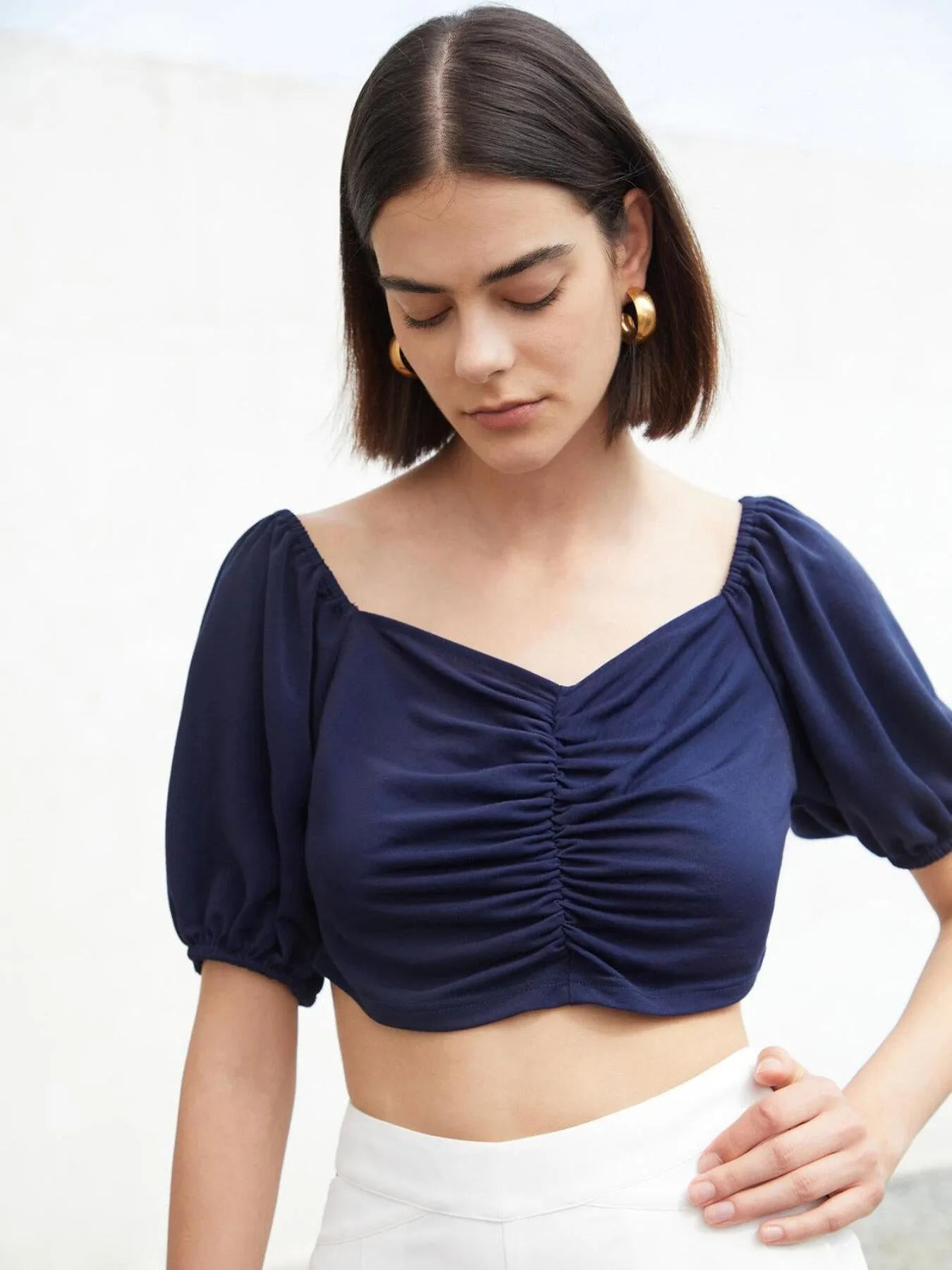 Ruched Puff Sleeve Crop Top