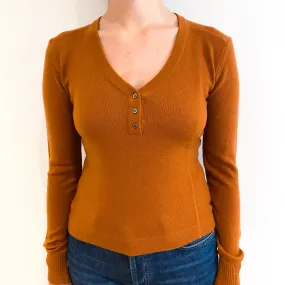 Rust Brown Cashmere Buttoned V-Neck Jumper Small