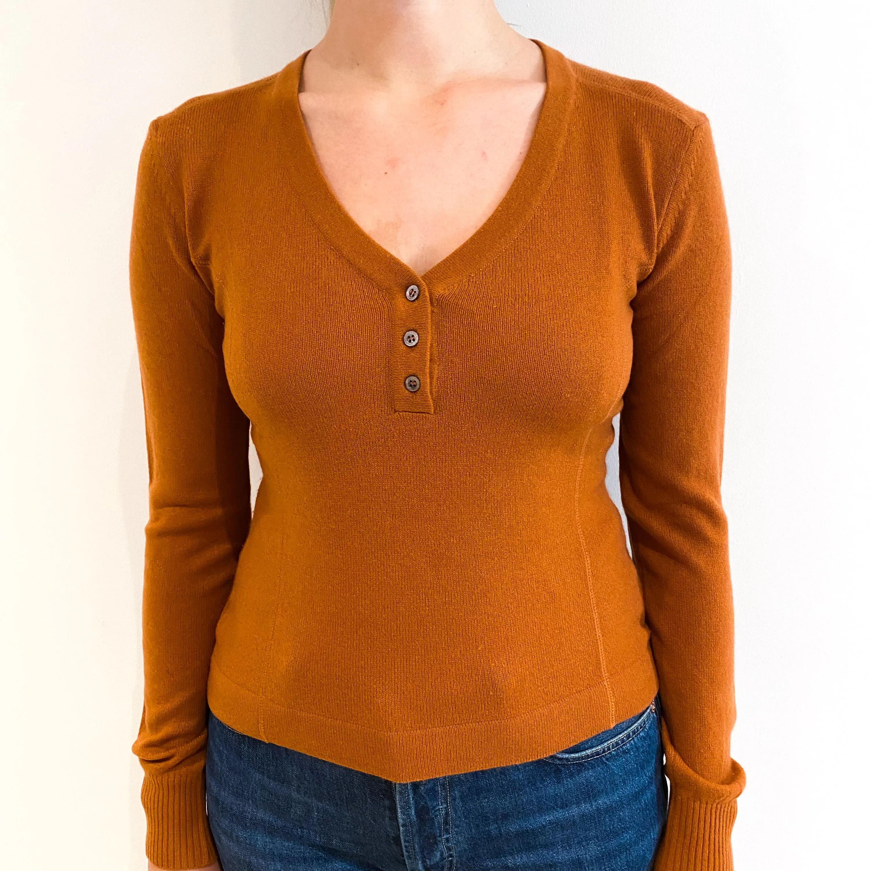 Rust Brown Cashmere Buttoned V-Neck Jumper Small