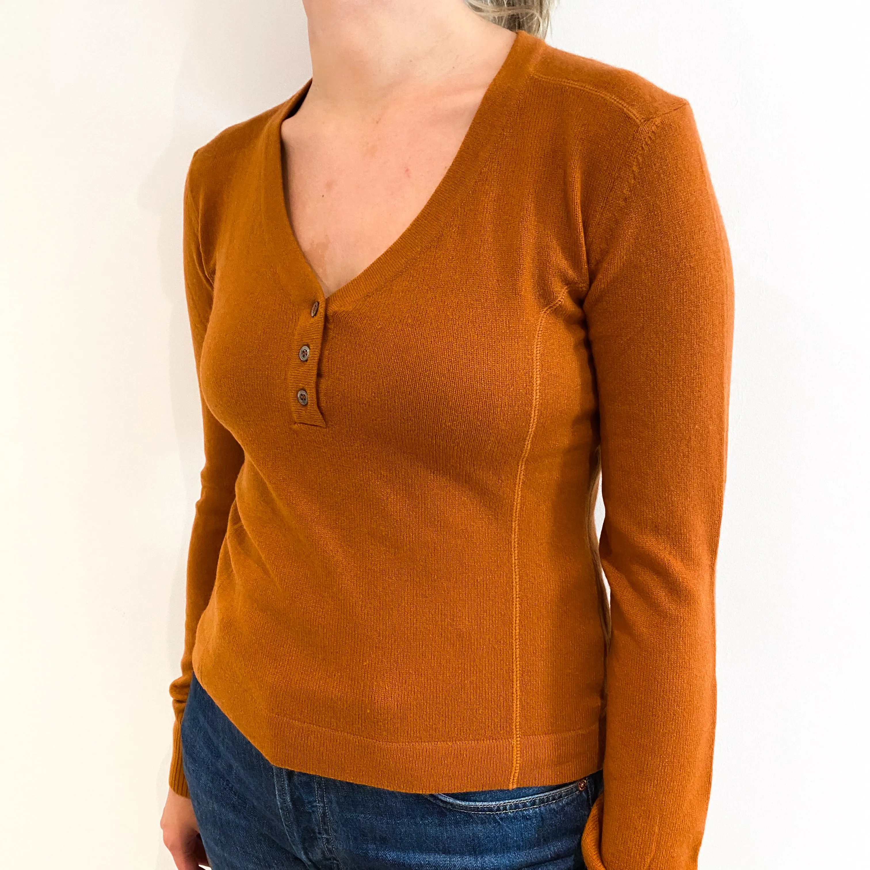 Rust Brown Cashmere Buttoned V-Neck Jumper Small