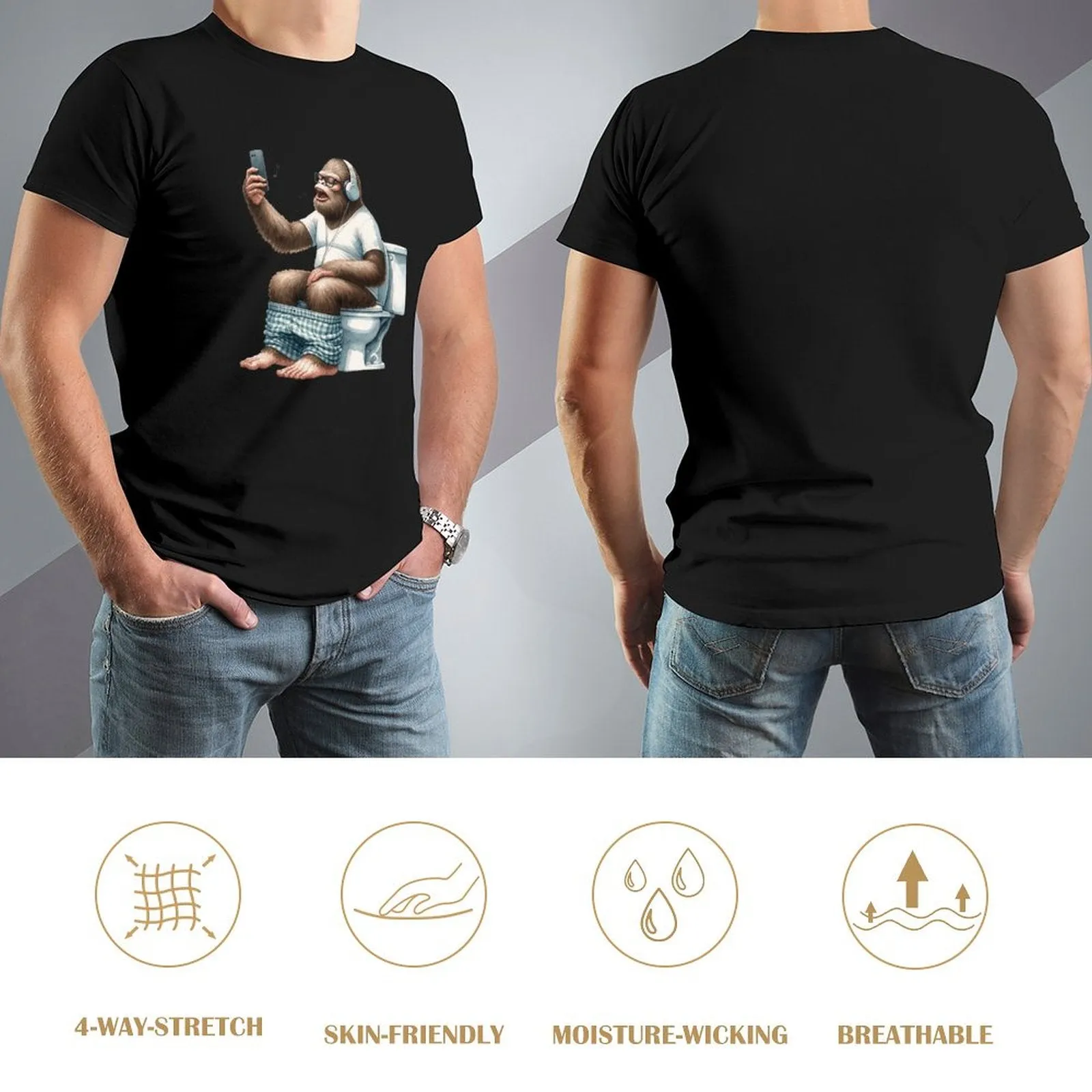 Sasquatch, Bigfoot on Toilet -Short Sleeve Cotton T-shirt Men (High Definition & Dual-sided Printing)