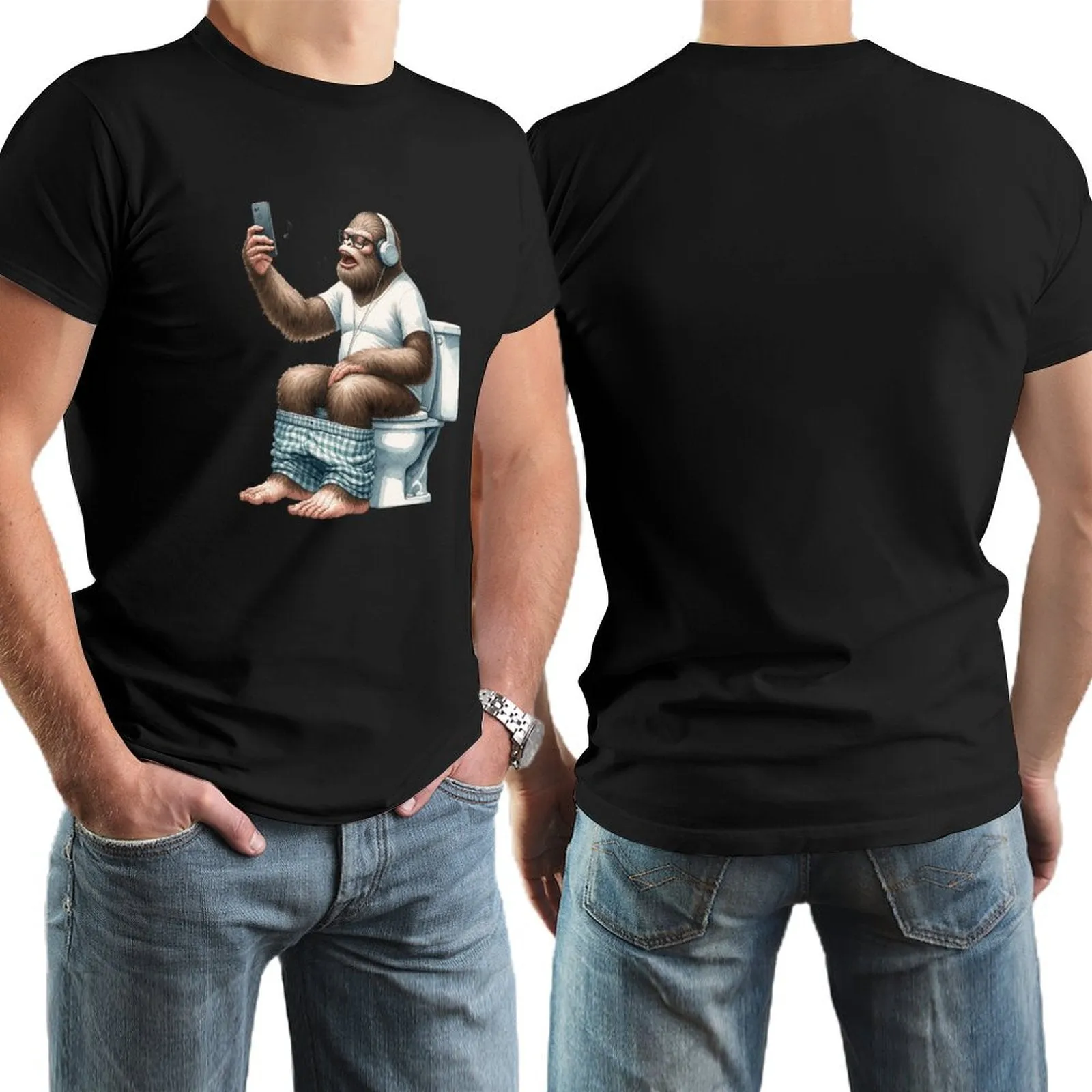 Sasquatch, Bigfoot on Toilet -Short Sleeve Cotton T-shirt Men (High Definition & Dual-sided Printing)