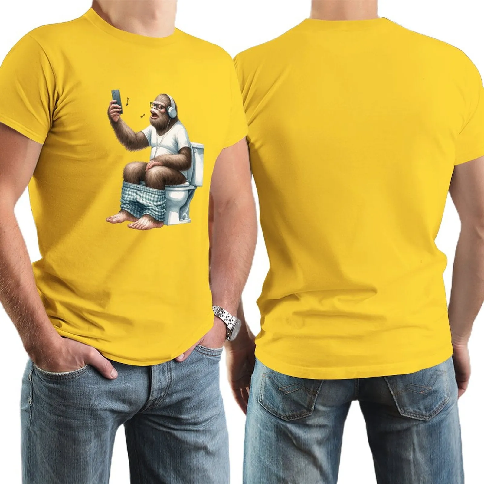 Sasquatch, Bigfoot on Toilet -Short Sleeve Cotton T-shirt Men (High Definition & Dual-sided Printing)