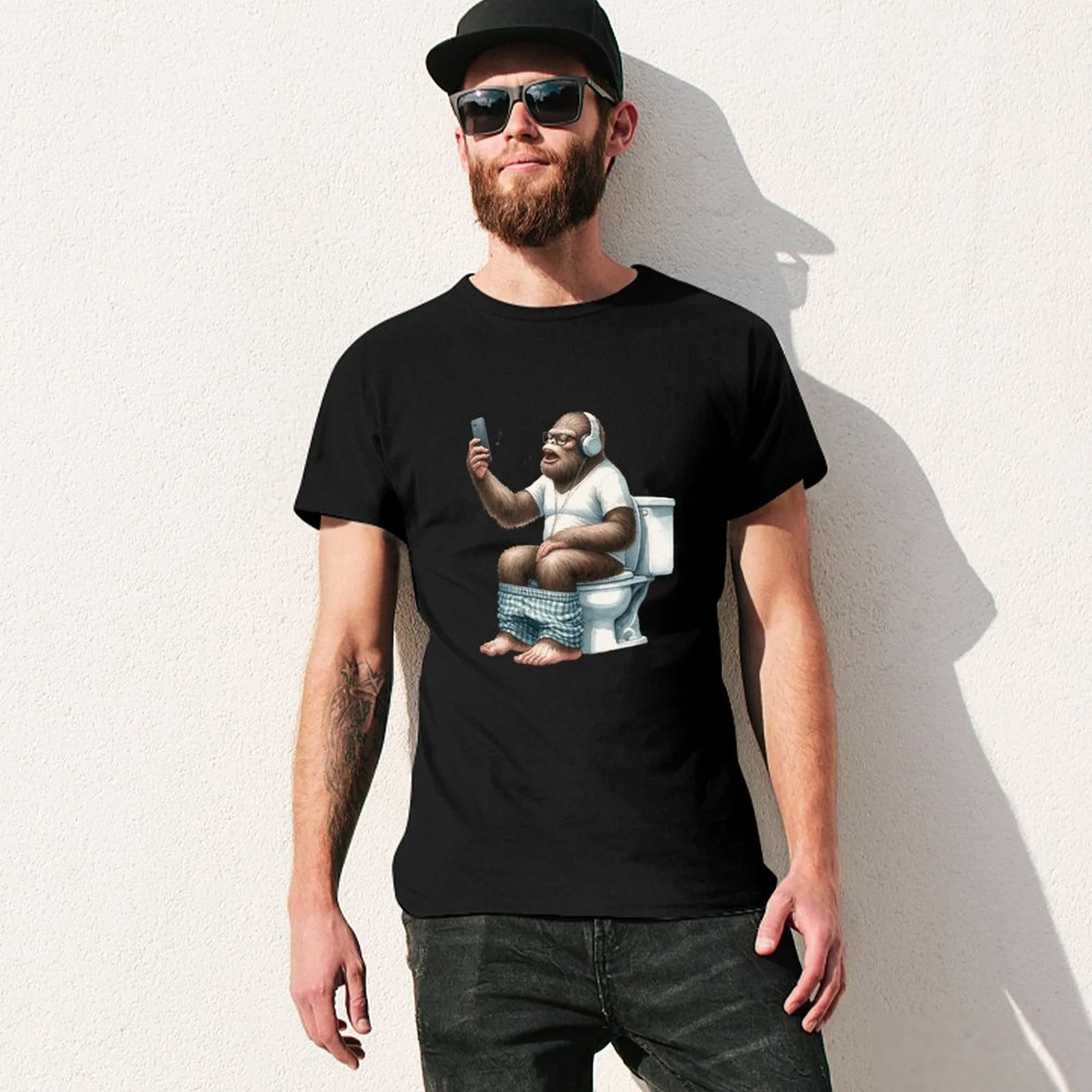 Sasquatch, Bigfoot on Toilet -Short Sleeve Cotton T-shirt Men (High Definition & Dual-sided Printing)