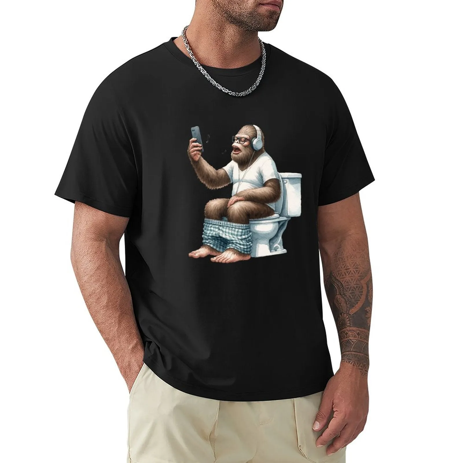 Sasquatch, Bigfoot on Toilet -Short Sleeve Cotton T-shirt Men (High Definition & Dual-sided Printing)
