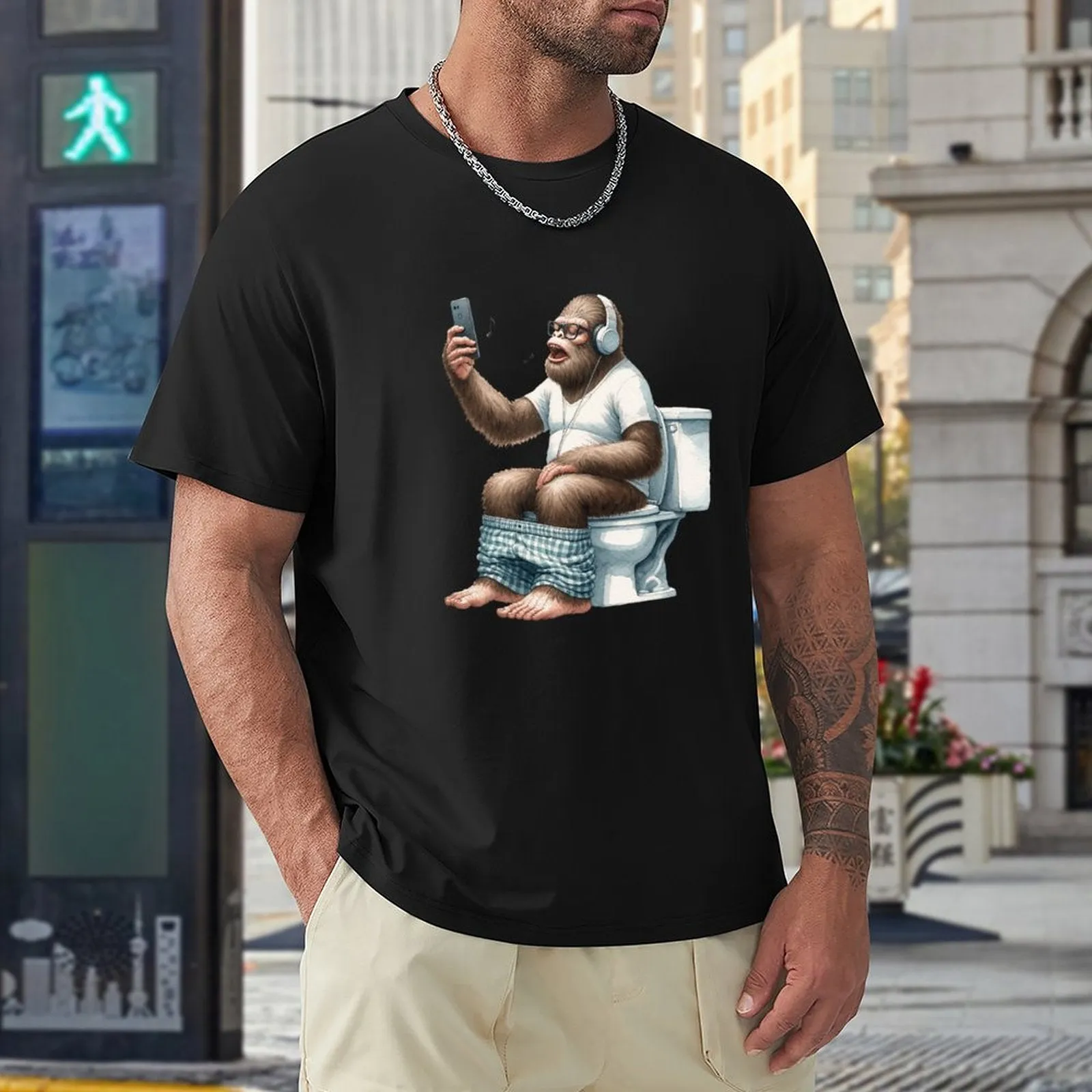 Sasquatch, Bigfoot on Toilet -Short Sleeve Cotton T-shirt Men (High Definition & Dual-sided Printing)
