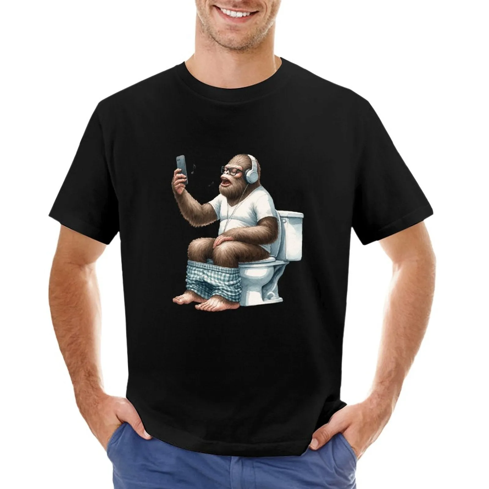 Sasquatch, Bigfoot on Toilet -Short Sleeve Cotton T-shirt Men (High Definition & Dual-sided Printing)