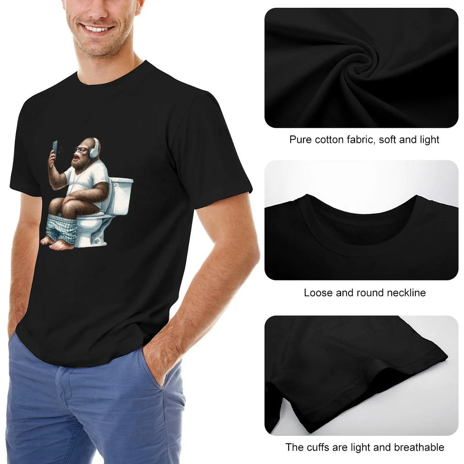 Sasquatch, Bigfoot on Toilet -Short Sleeve Cotton T-shirt Men (High Definition & Dual-sided Printing)