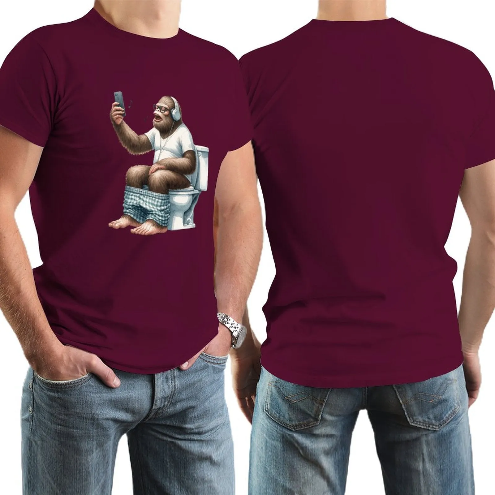 Sasquatch, Bigfoot on Toilet -Short Sleeve Cotton T-shirt Men (High Definition & Dual-sided Printing)