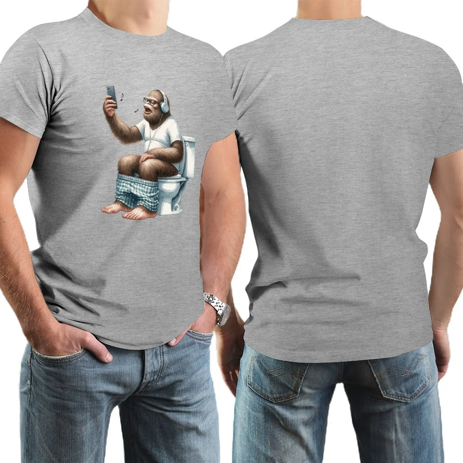 Sasquatch, Bigfoot on Toilet -Short Sleeve Cotton T-shirt Men (High Definition & Dual-sided Printing)