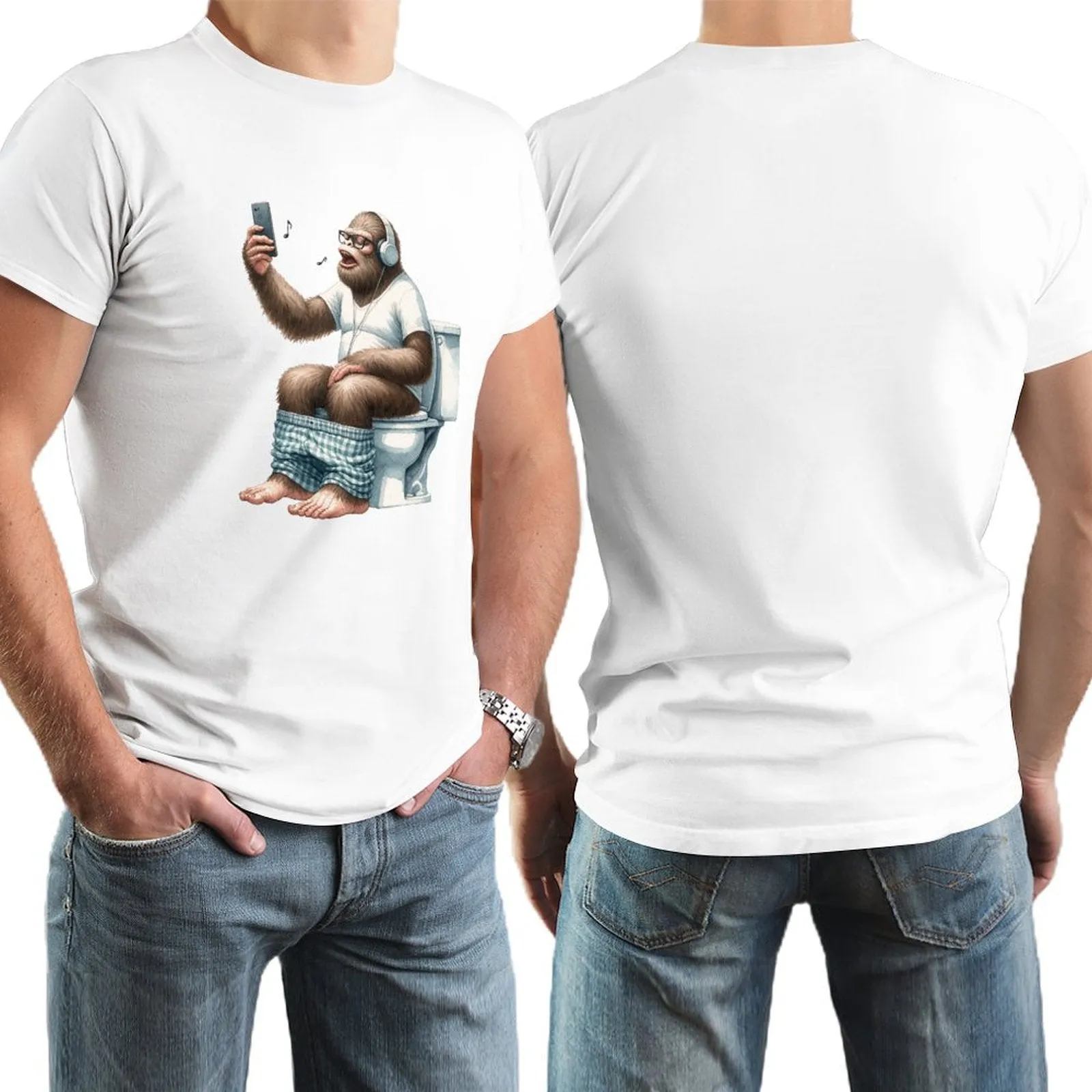 Sasquatch, Bigfoot on Toilet -Short Sleeve Cotton T-shirt Men (High Definition & Dual-sided Printing)
