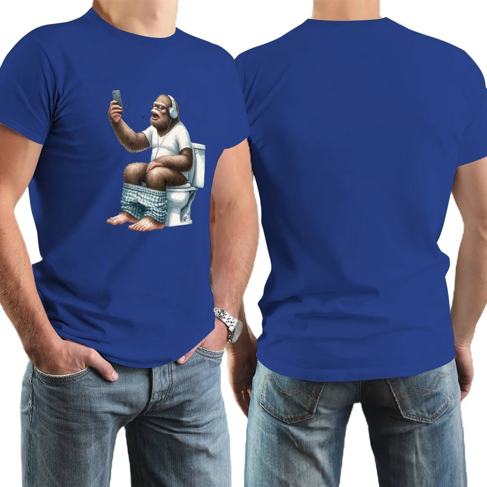 Sasquatch, Bigfoot on Toilet -Short Sleeve Cotton T-shirt Men (High Definition & Dual-sided Printing)