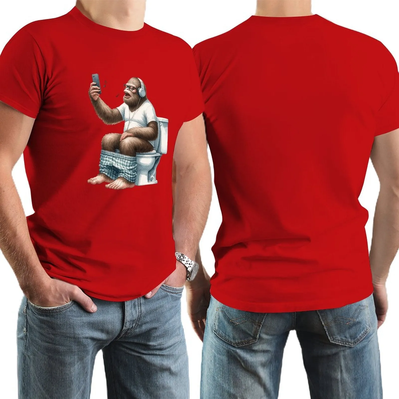 Sasquatch, Bigfoot on Toilet -Short Sleeve Cotton T-shirt Men (High Definition & Dual-sided Printing)